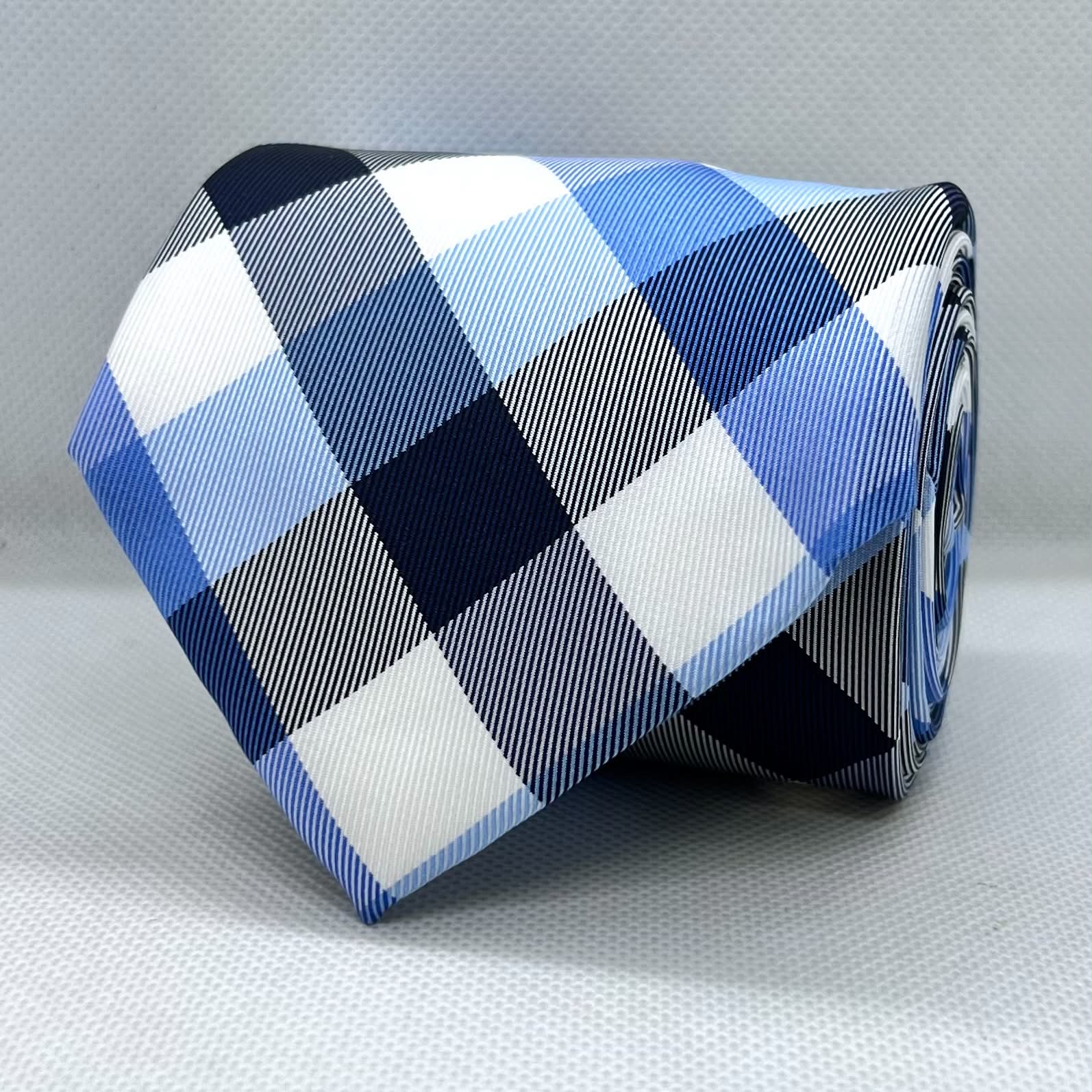 Blue White Crosscheck Polyester Broad Tie