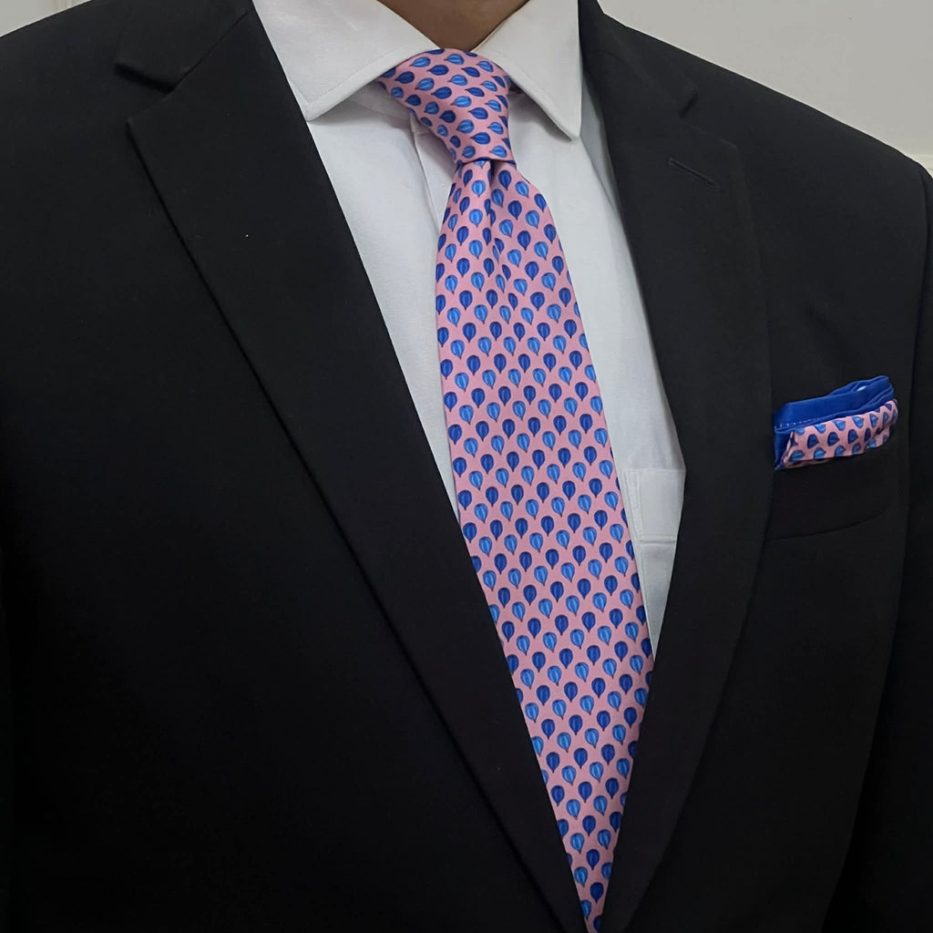 Blush Pink & Cobalt Hot Air Balloon Print Border Tie and Pocket Square Set