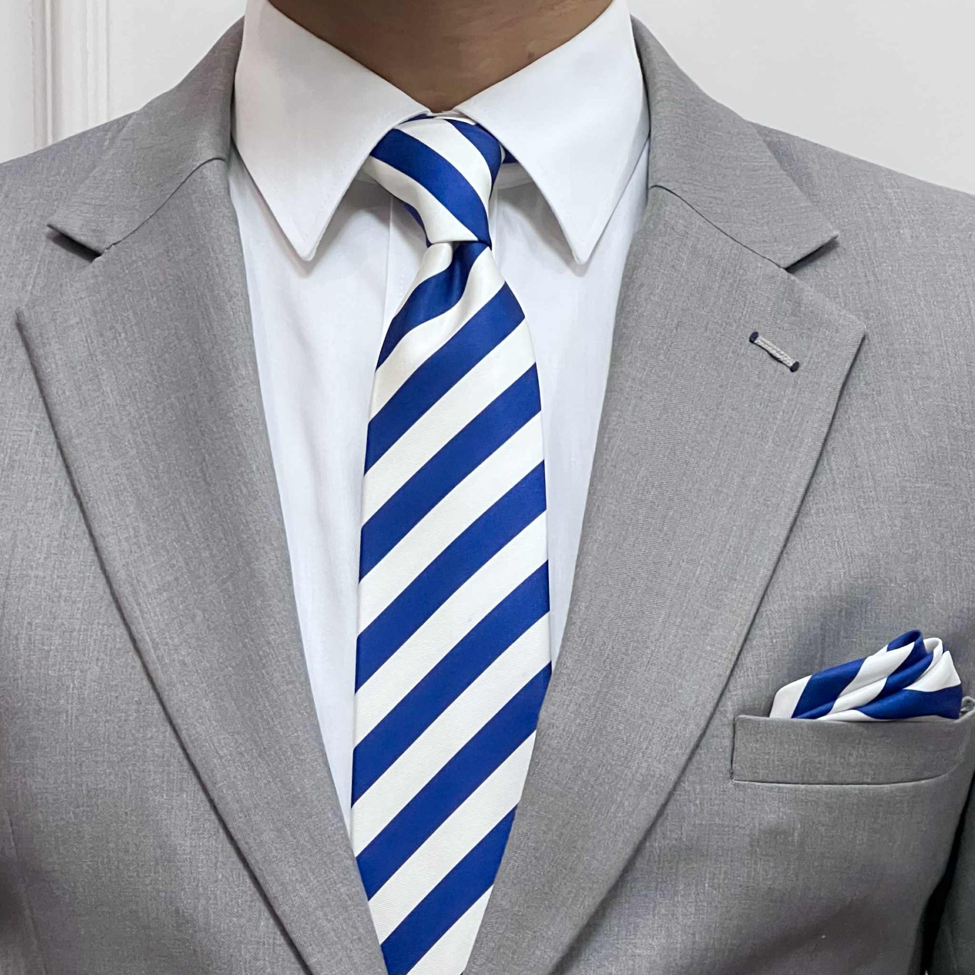 Royal Blue & White Striped Silk Tie Set