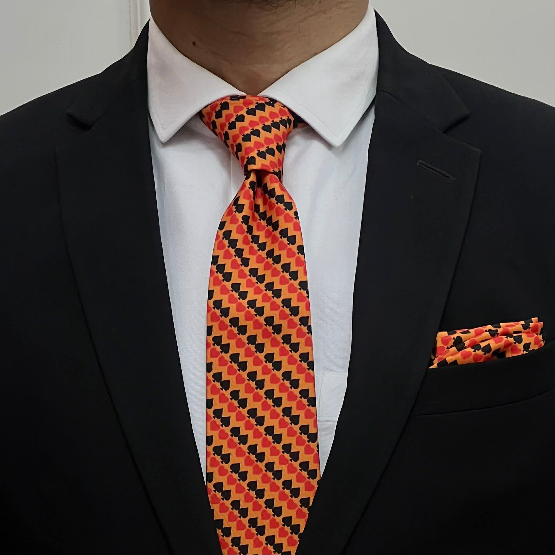 Amber Orange Spade Print Border Tie and Pocket Square Set