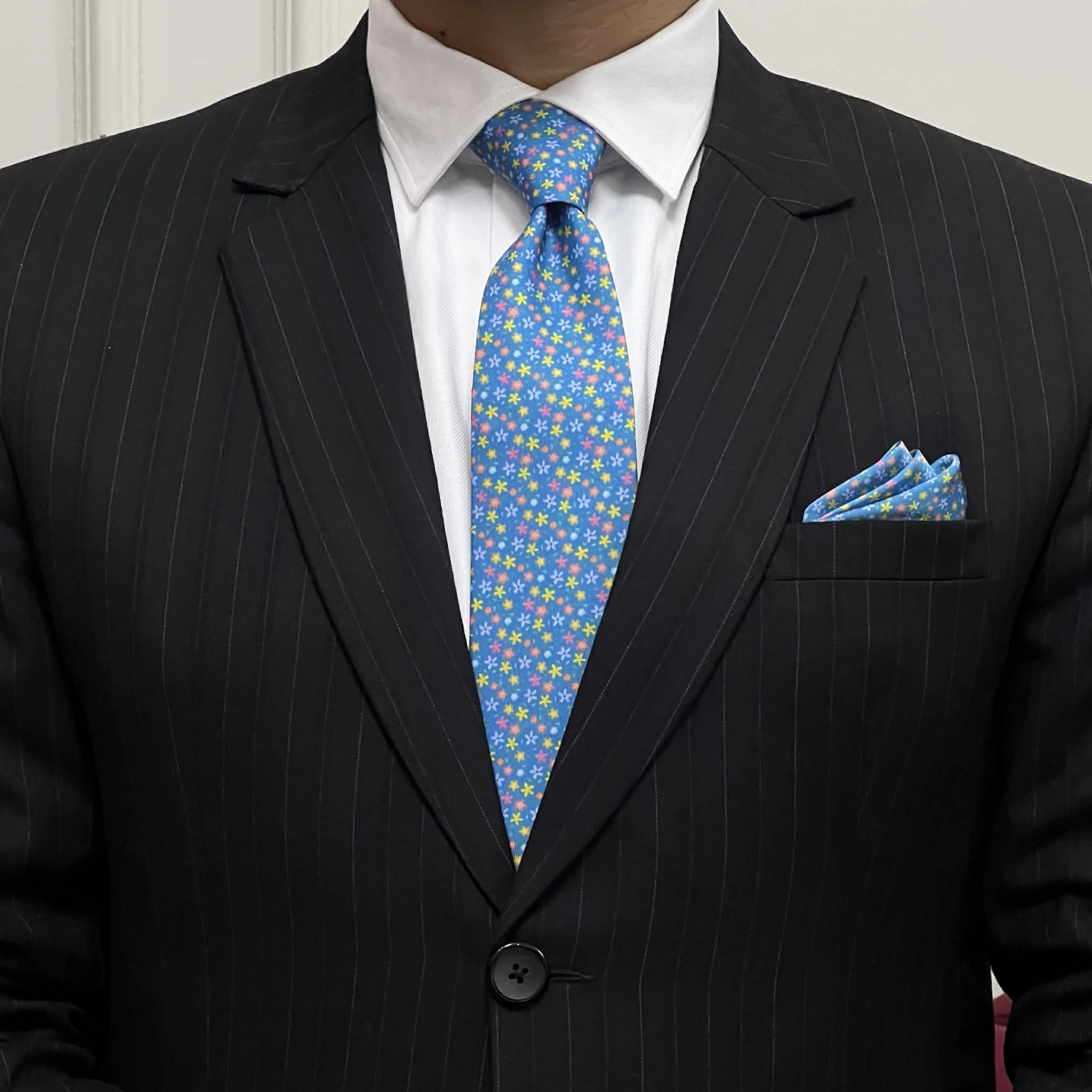 Sky Blue with Multicolor Tie with Pocket Square