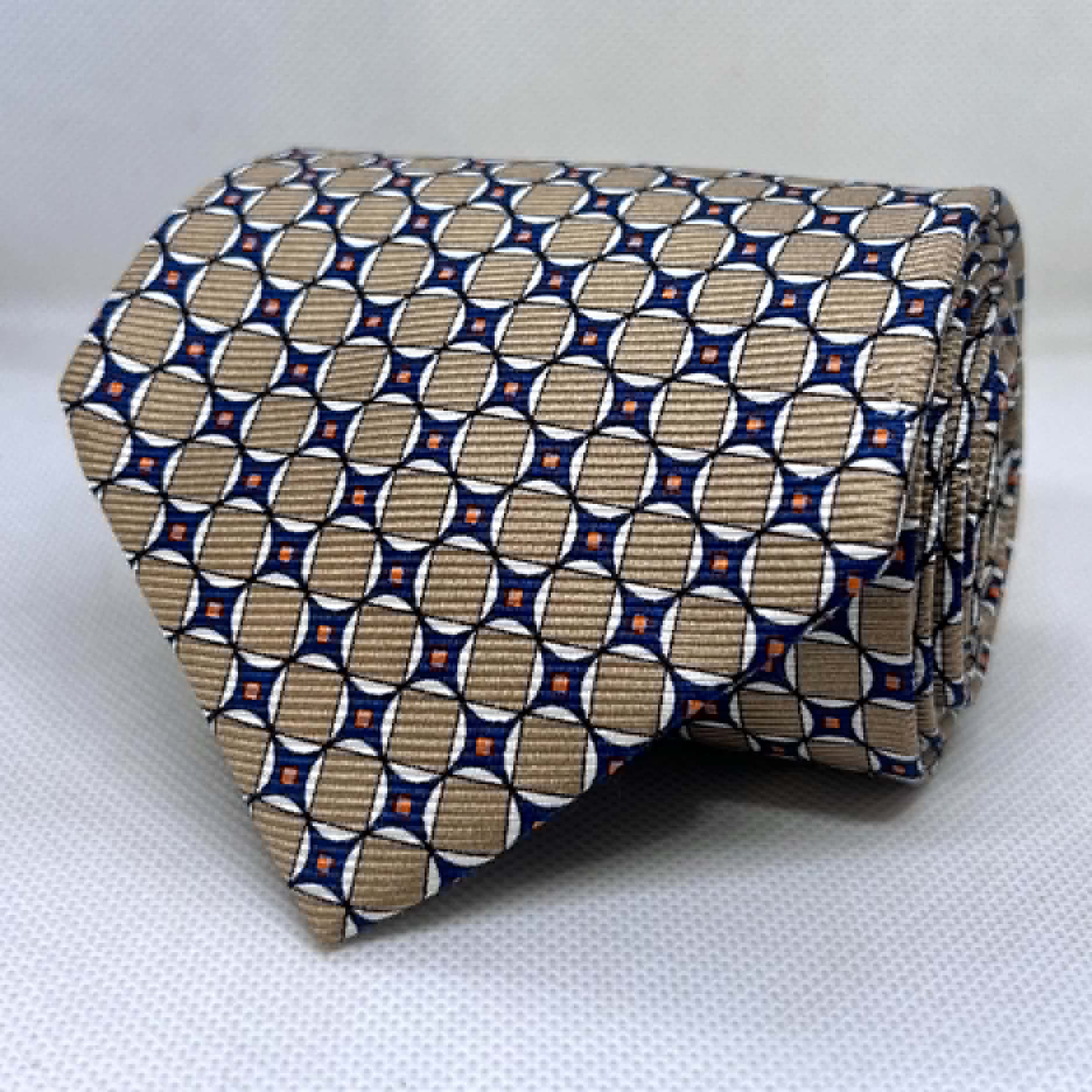 Beige Navy Circular Pattern Broad Silk Tie