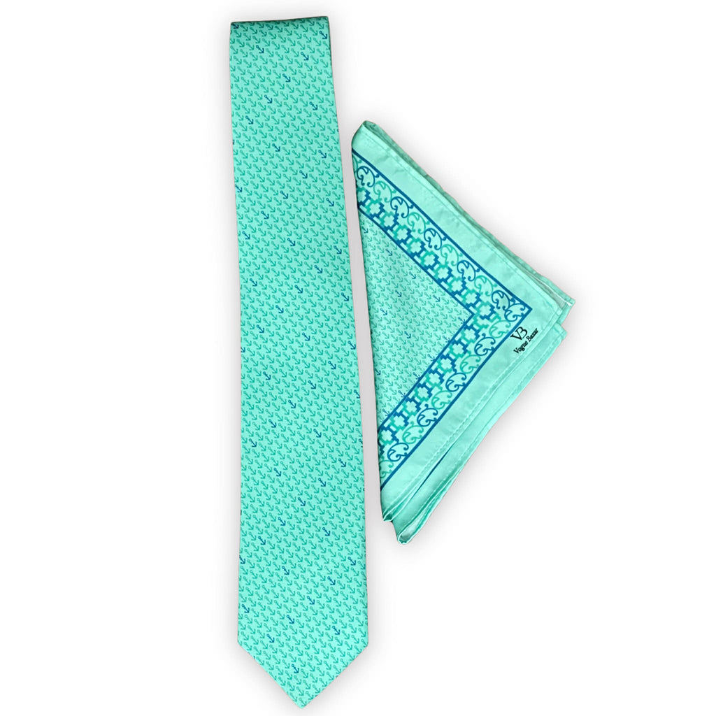 Seafoam Mint Anchor Print Tie & Pocket Square Set