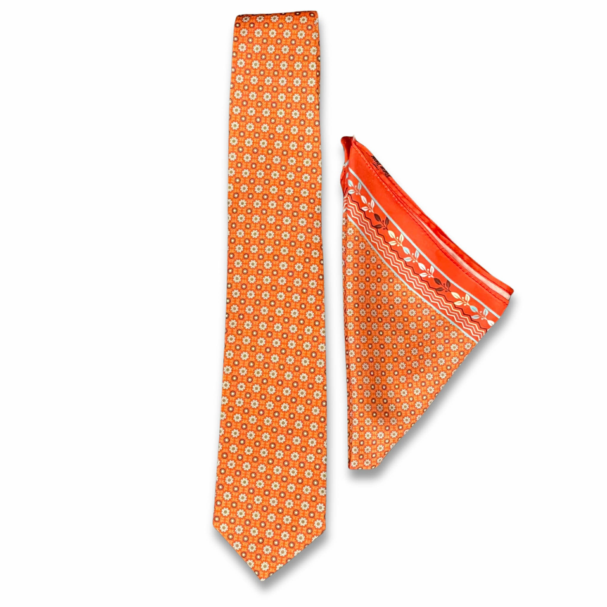 Burnt Orange Medallion Motif Tie & Pocket Square Set