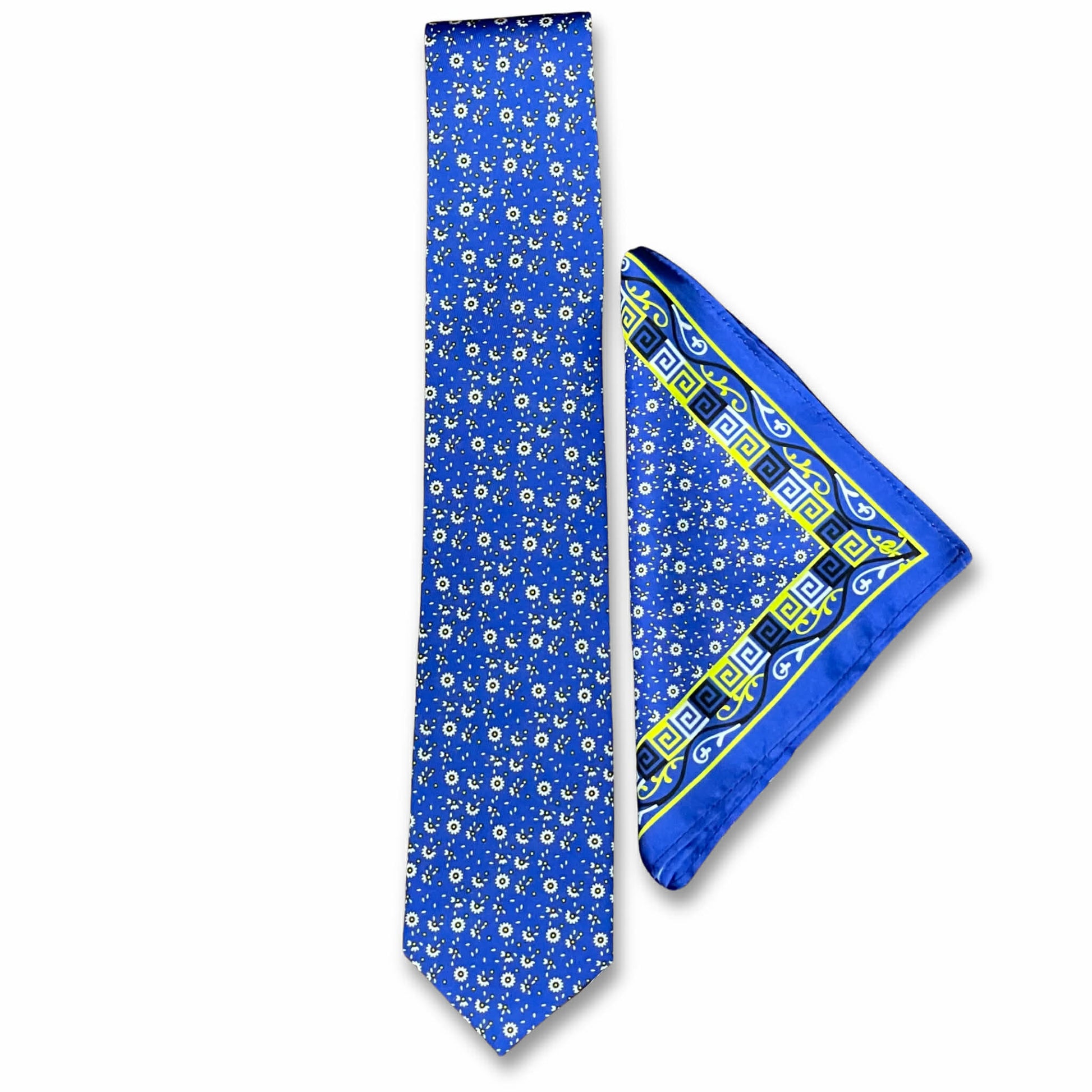 Royal Blue Floral Tie Set with Pocket Square