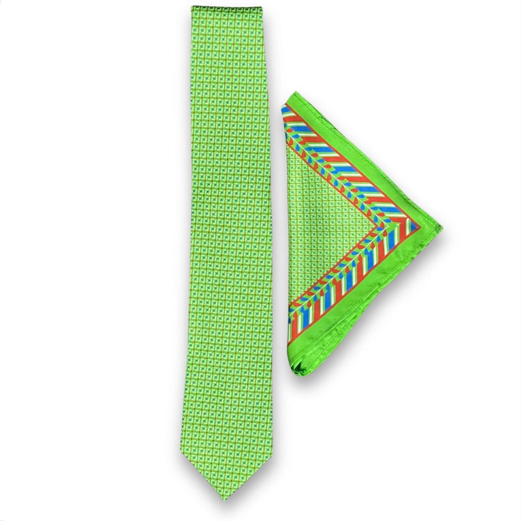 Lime Green Geometric Tie and Pocket Square Set