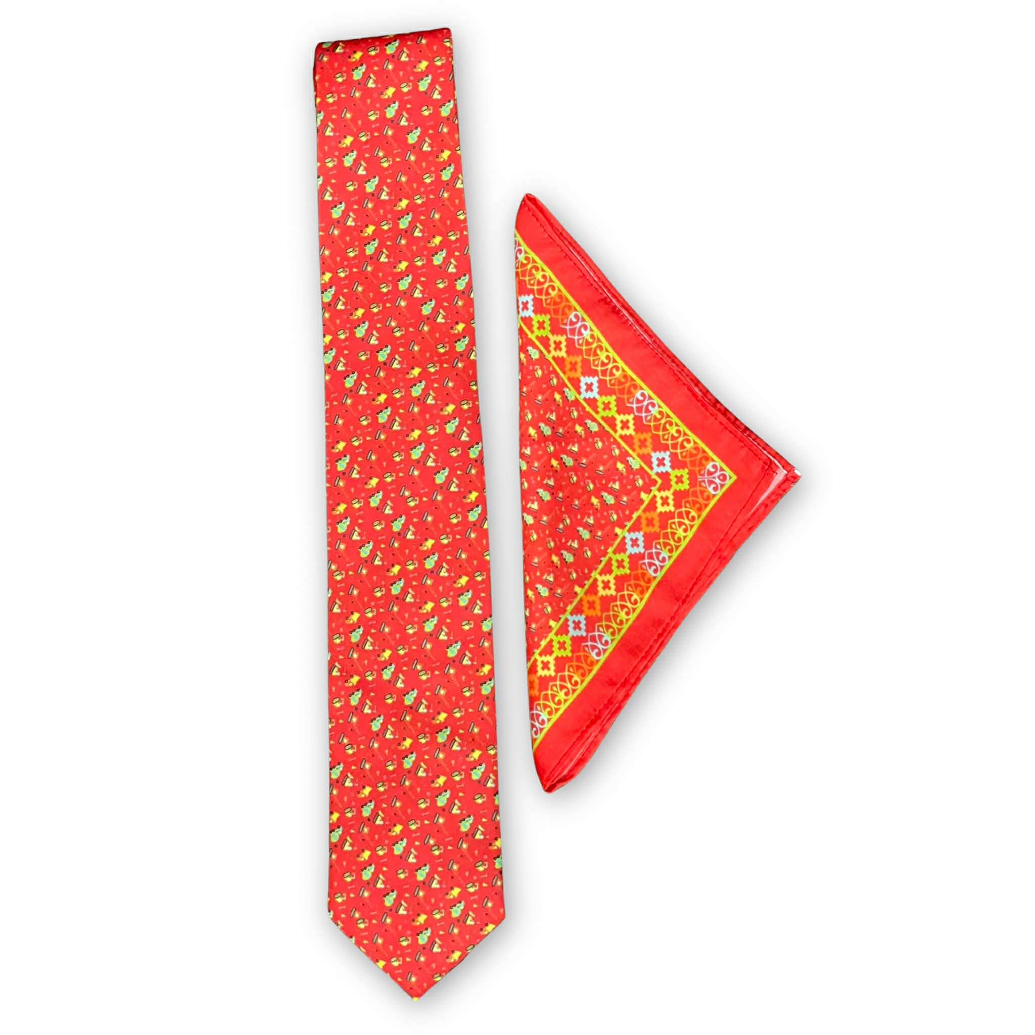 Crimson Red Novelty Print Tie & Pocket Square Set
