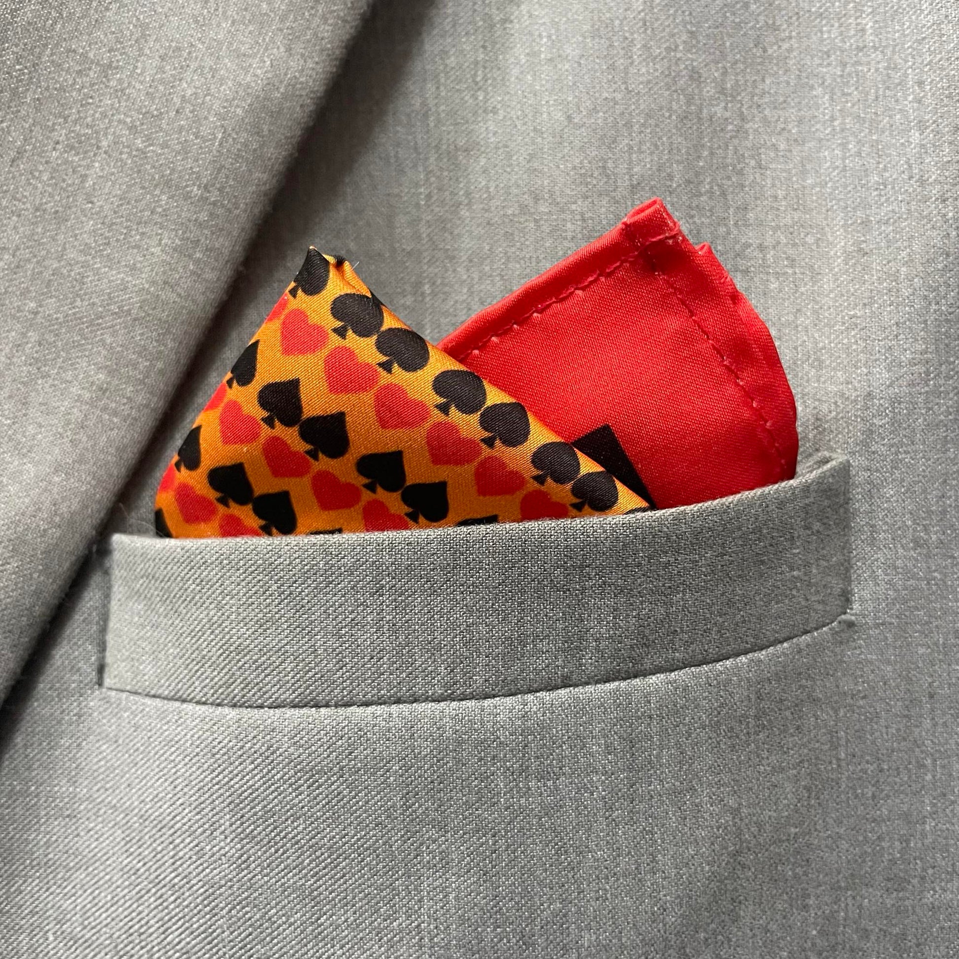 14 by 14 inches Amber Orange Spade Print Border Pocket Square