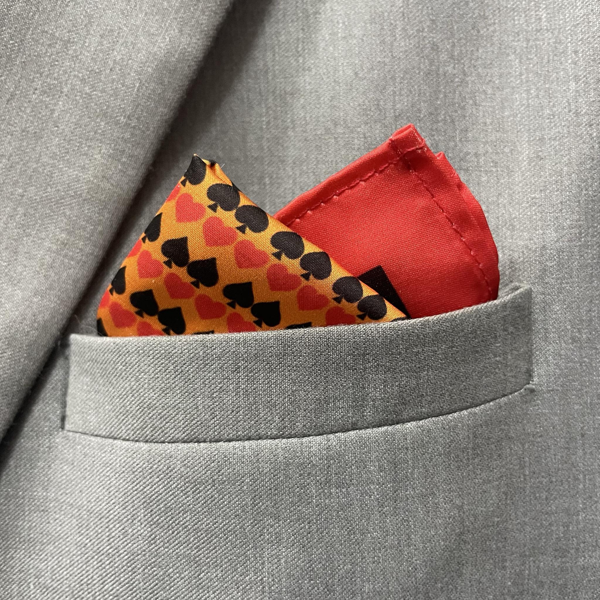 14 by 14 inches Amber Orange Spade Print Border Pocket Square