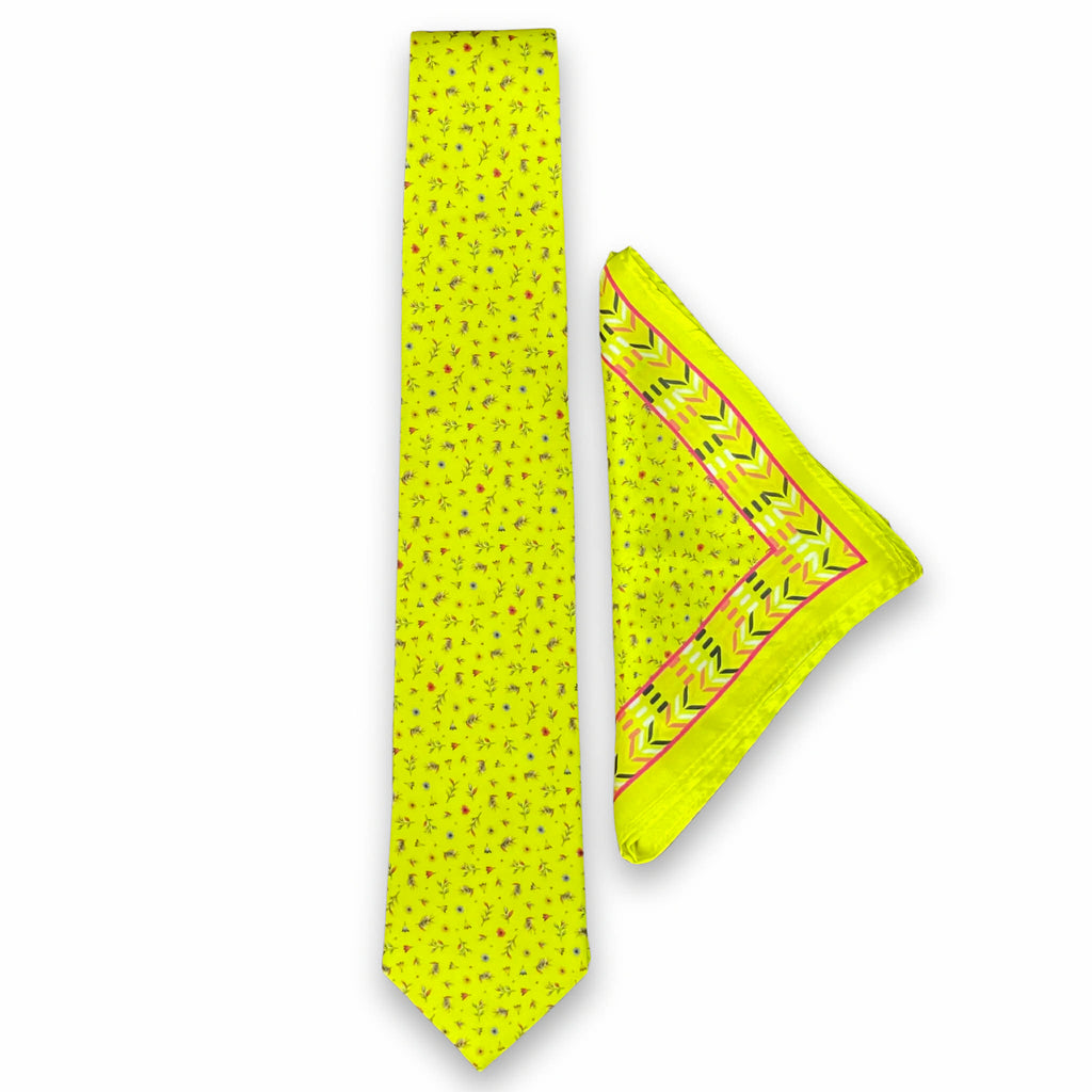 Lemon Yellow Micro-Florals Tie & Pocket Square Set