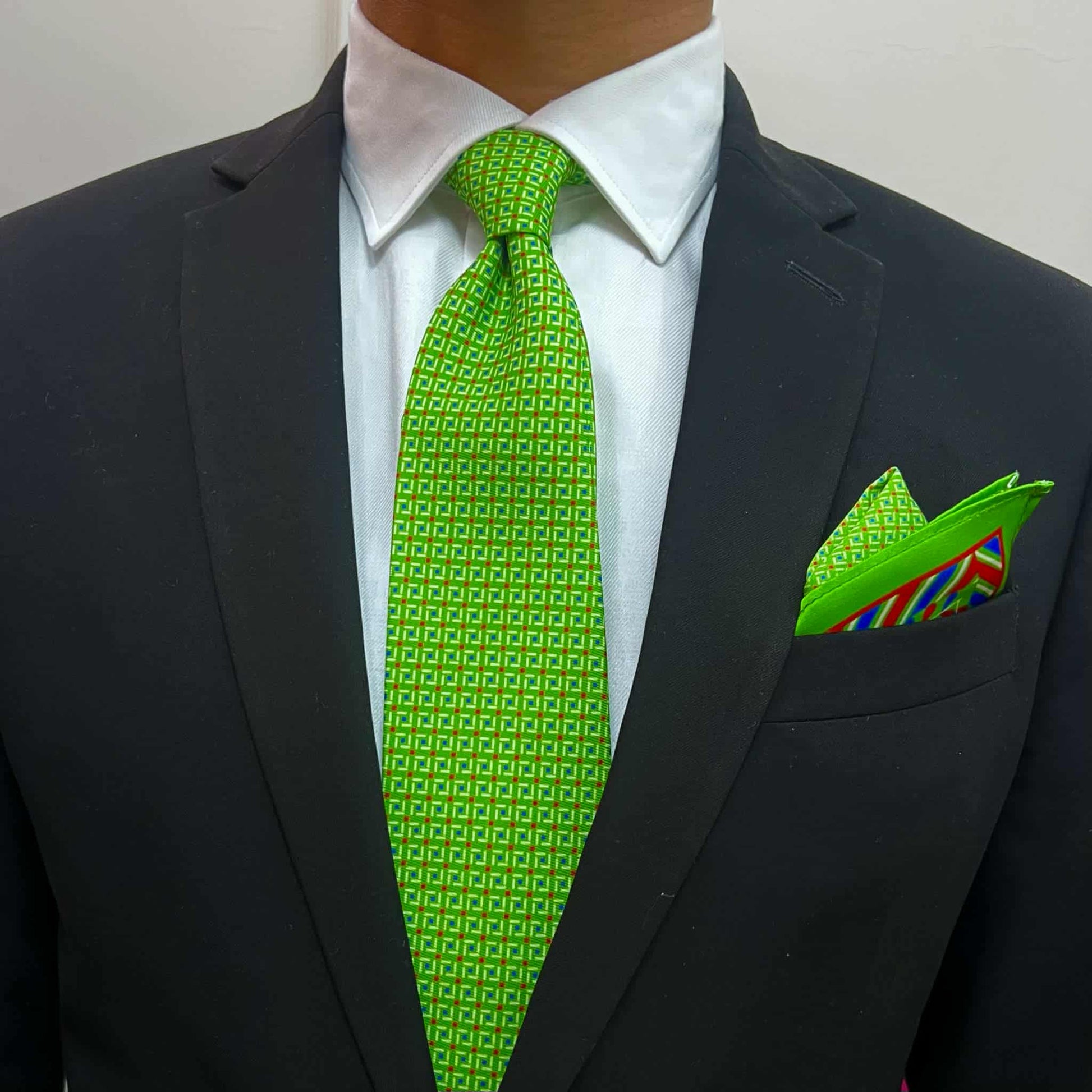 Lime Green Geometric Tie and Pocket Square Set