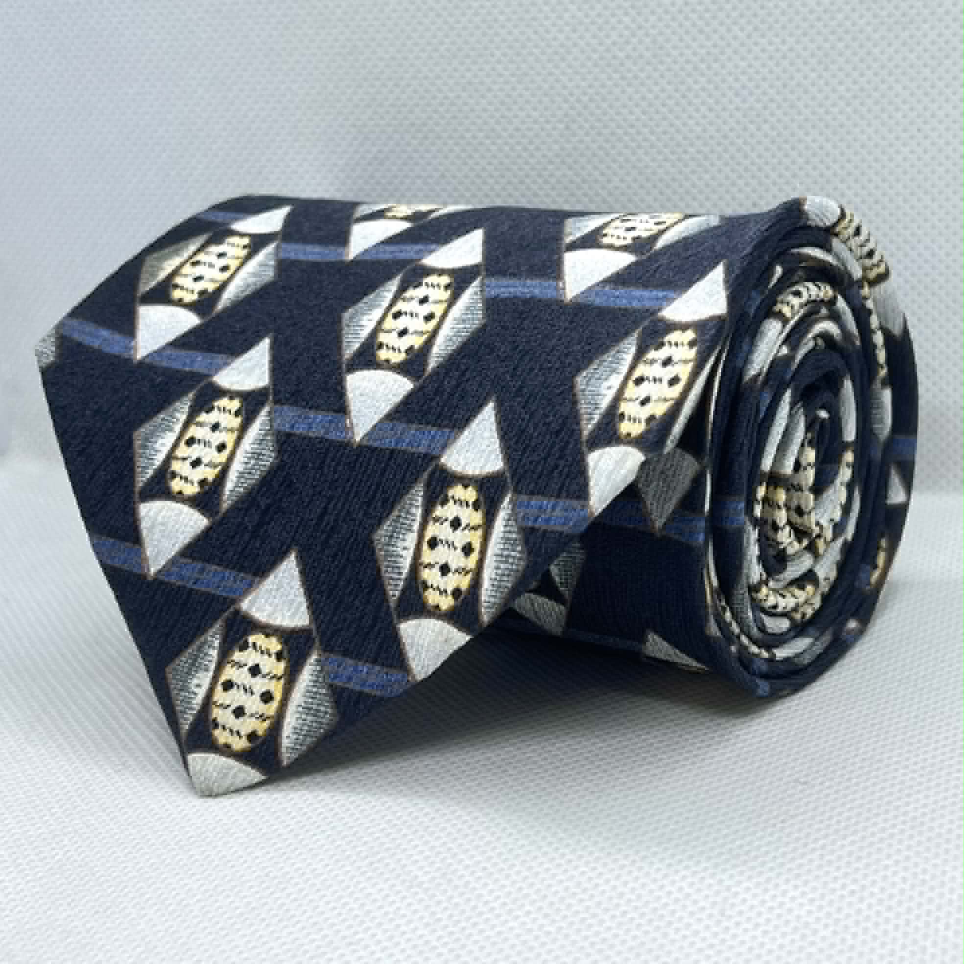 Navy Silver Geometric Broad Silk Tie