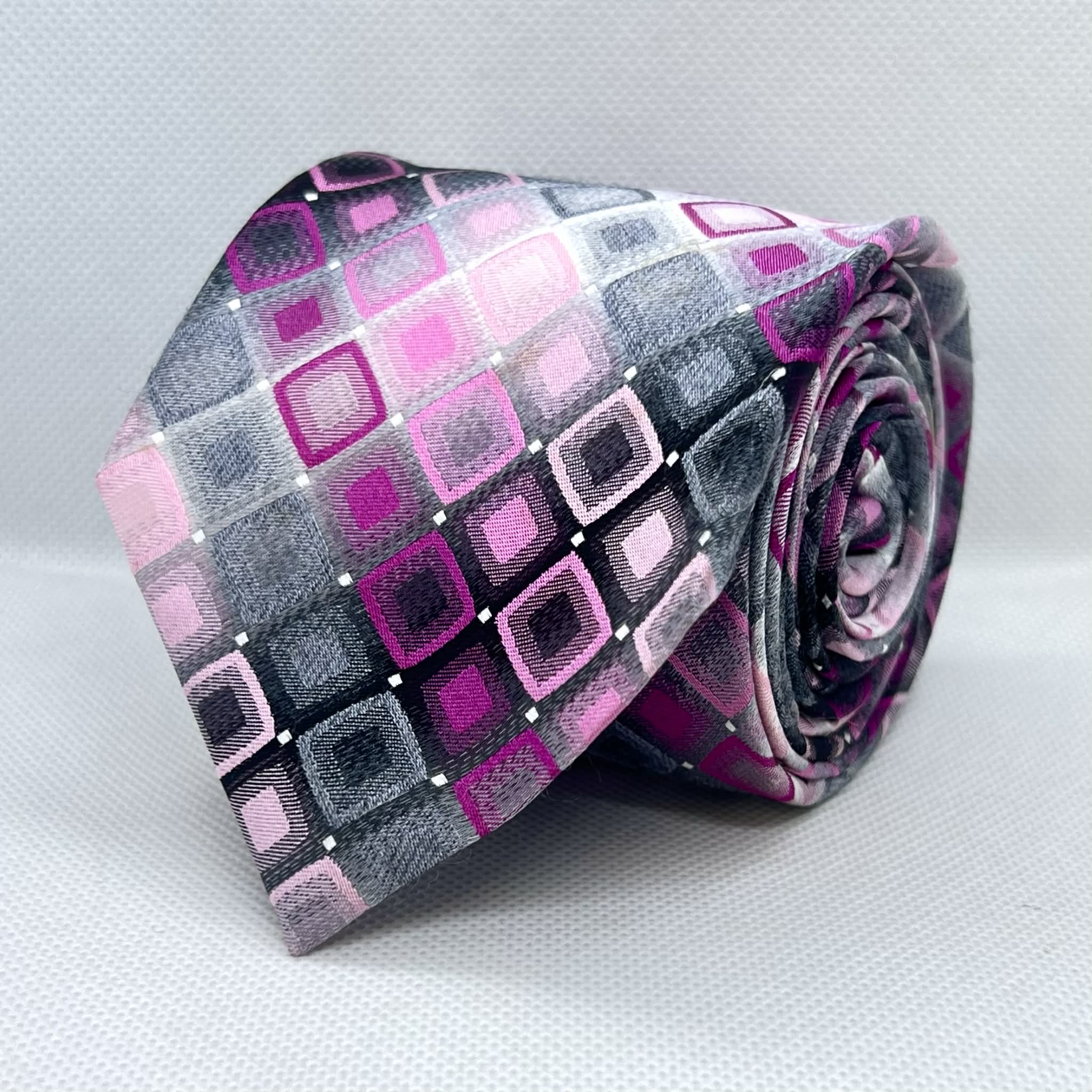 Grey & Pink Geometric Checkered Polyester Tie