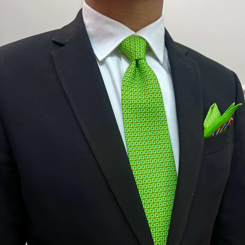 Lime Green Geometric Tie and Pocket Square Set