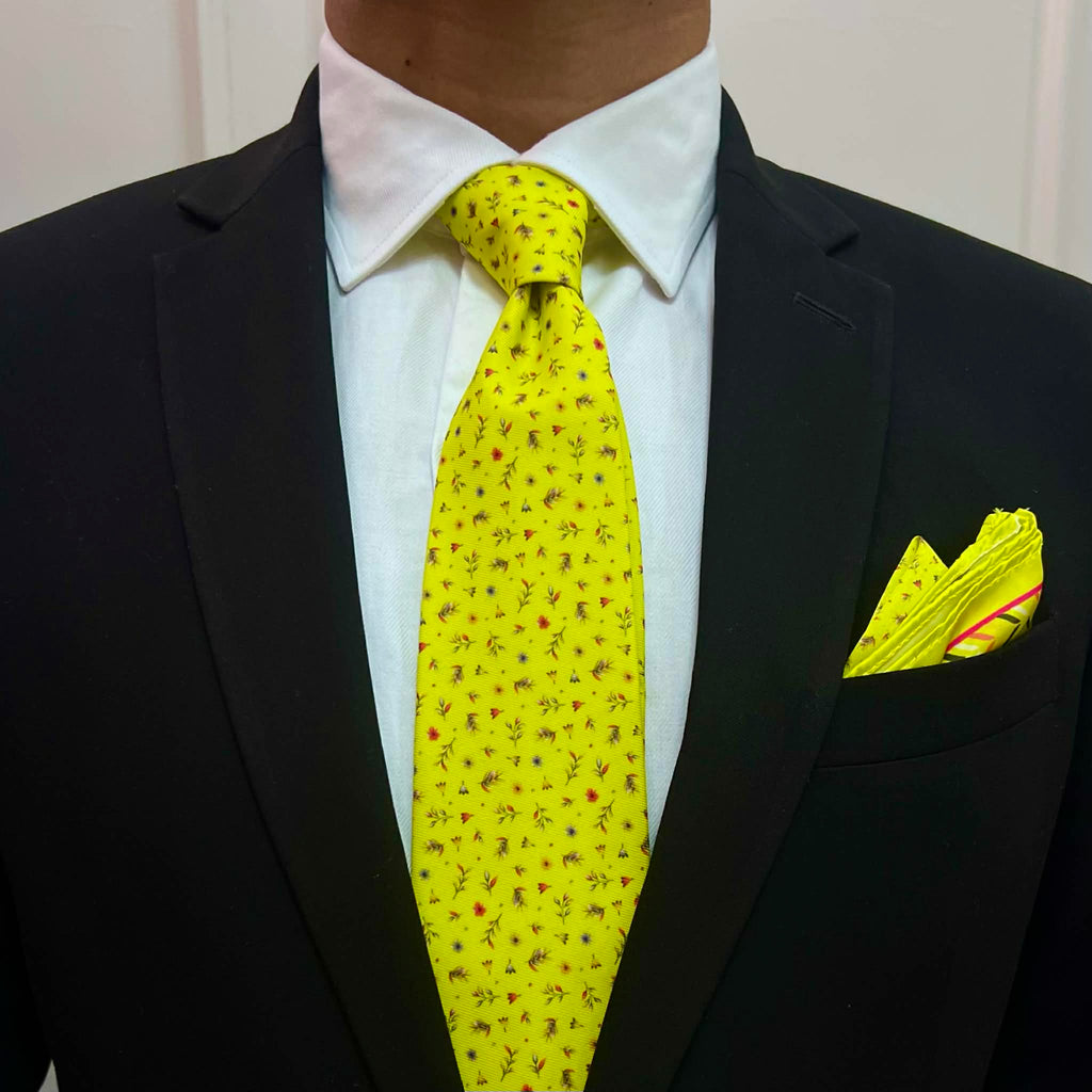 Lemon Yellow Micro-Florals Tie & Pocket Square Set