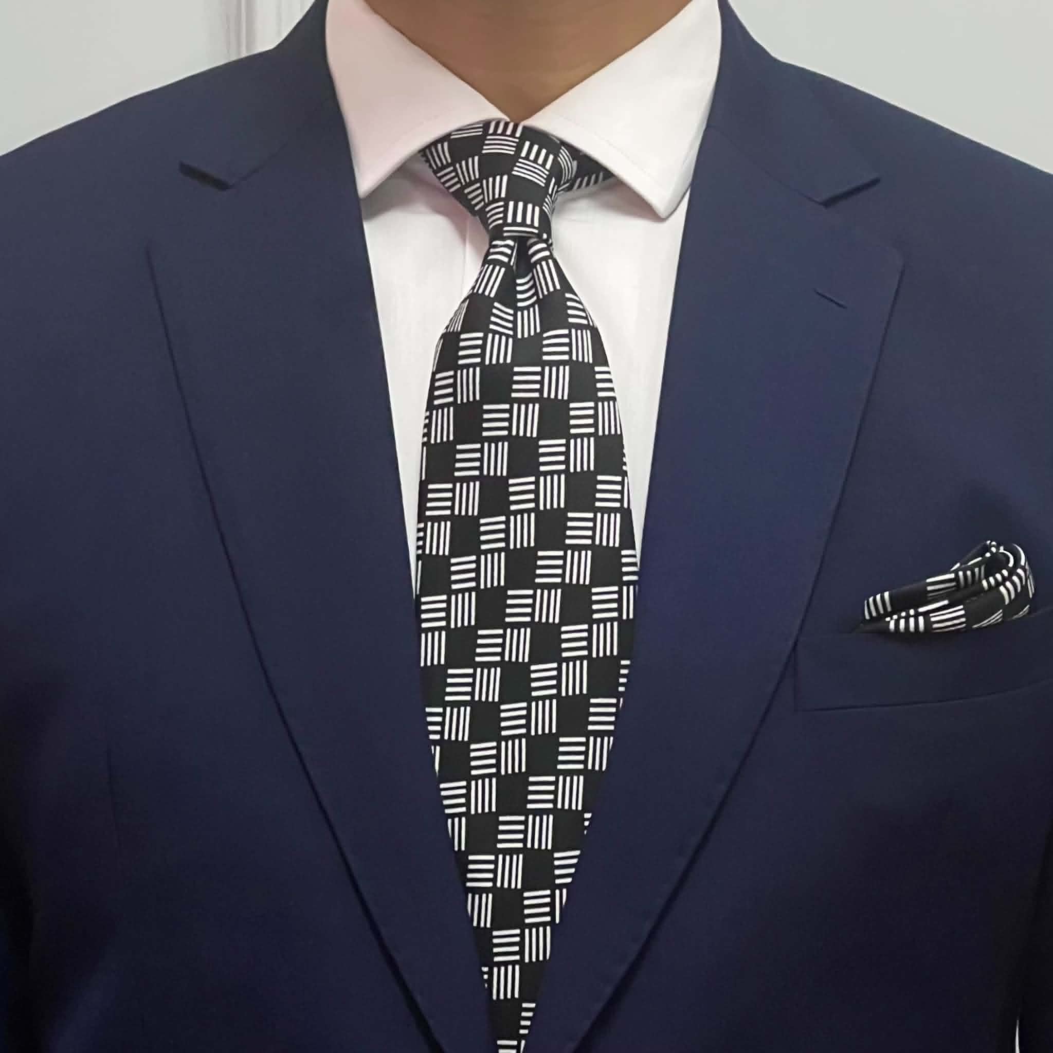 Black White Gridline Check Silk Tie and Pocket Square Set