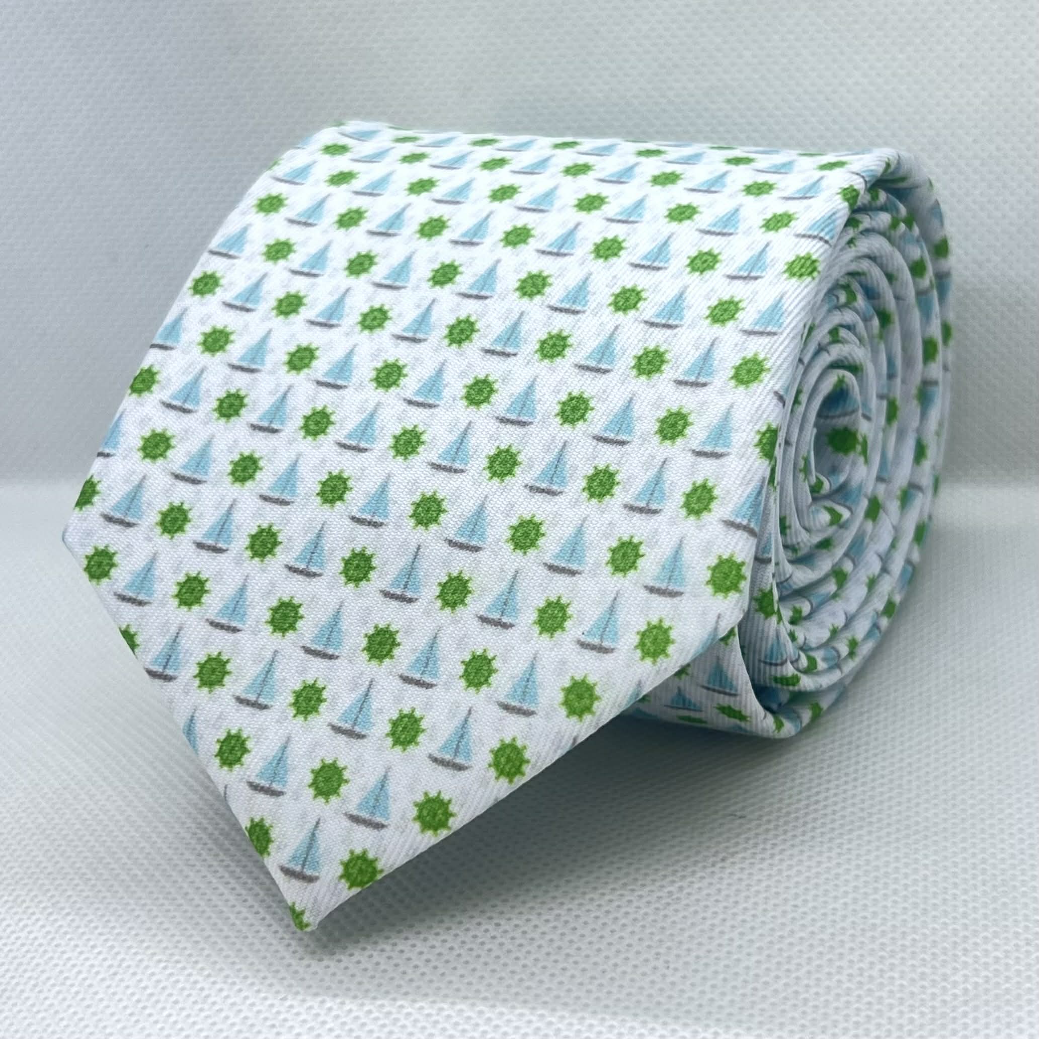 White Sailboat Pattern with Green Sun Motifs Polyester