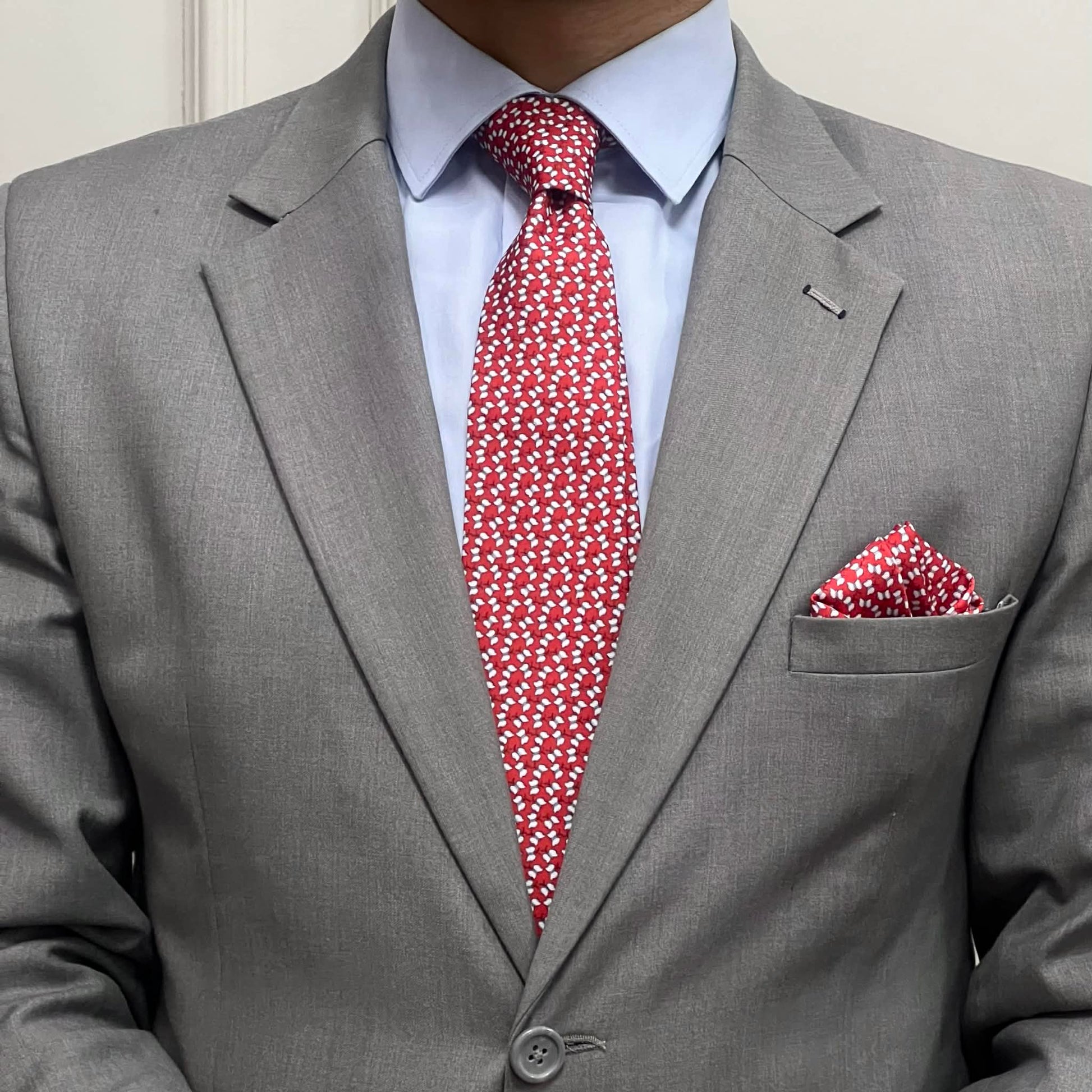 Crimson Red & White Micro Petal Tie and Pocket Square Set