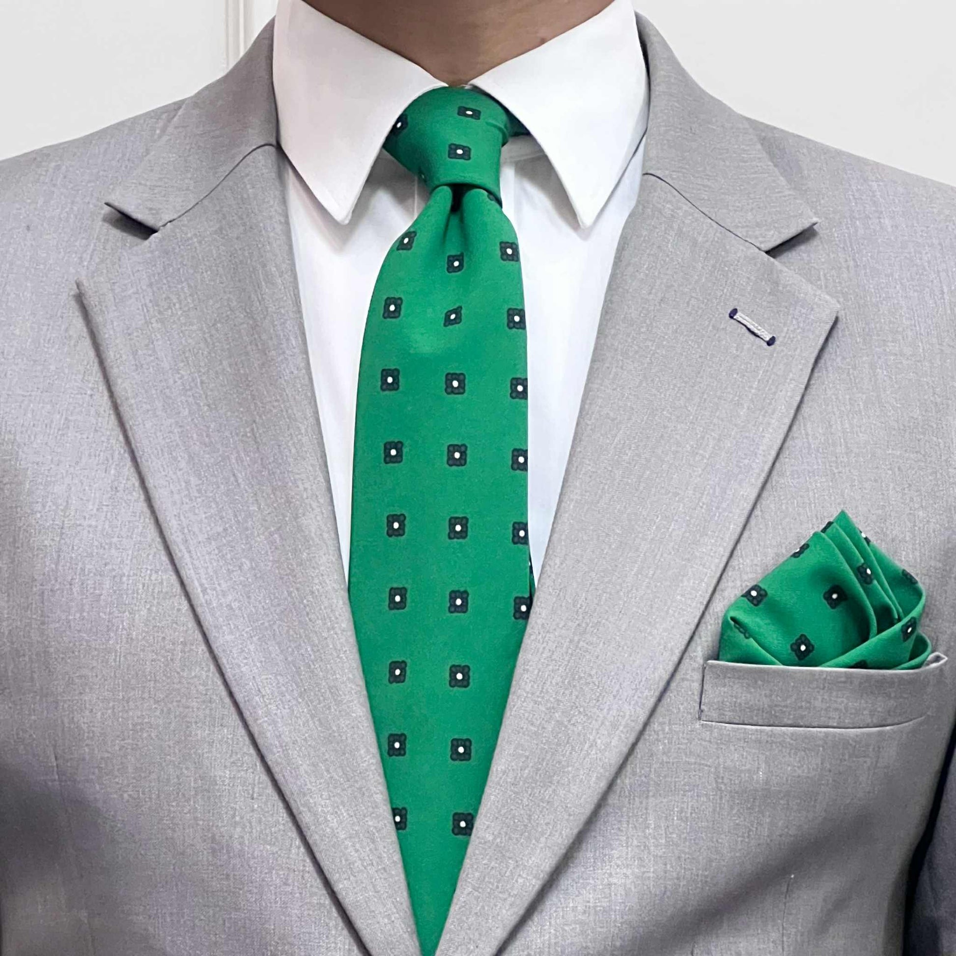 Emerald Green Square Pattern Necktie & Pocket Square Set