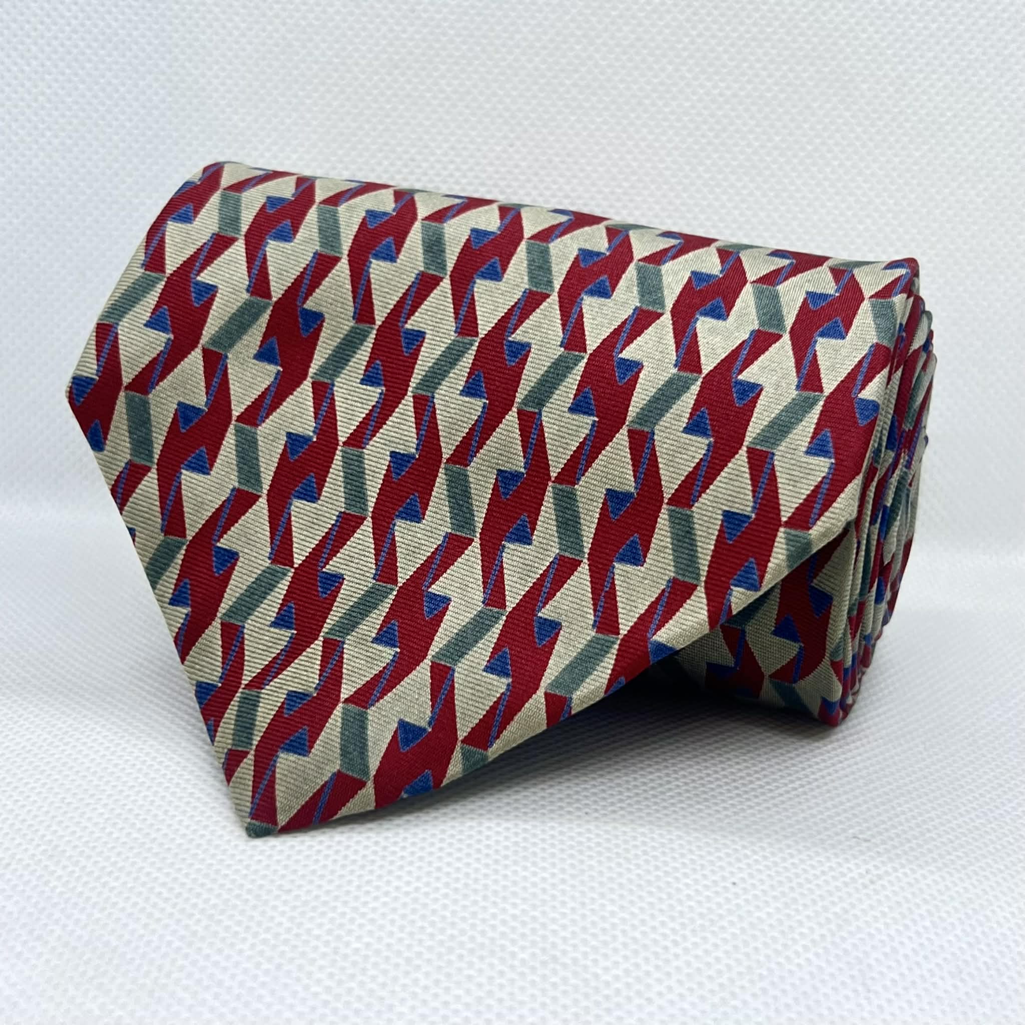 Cream, Red & Blue Abstract Silk Broad Tie