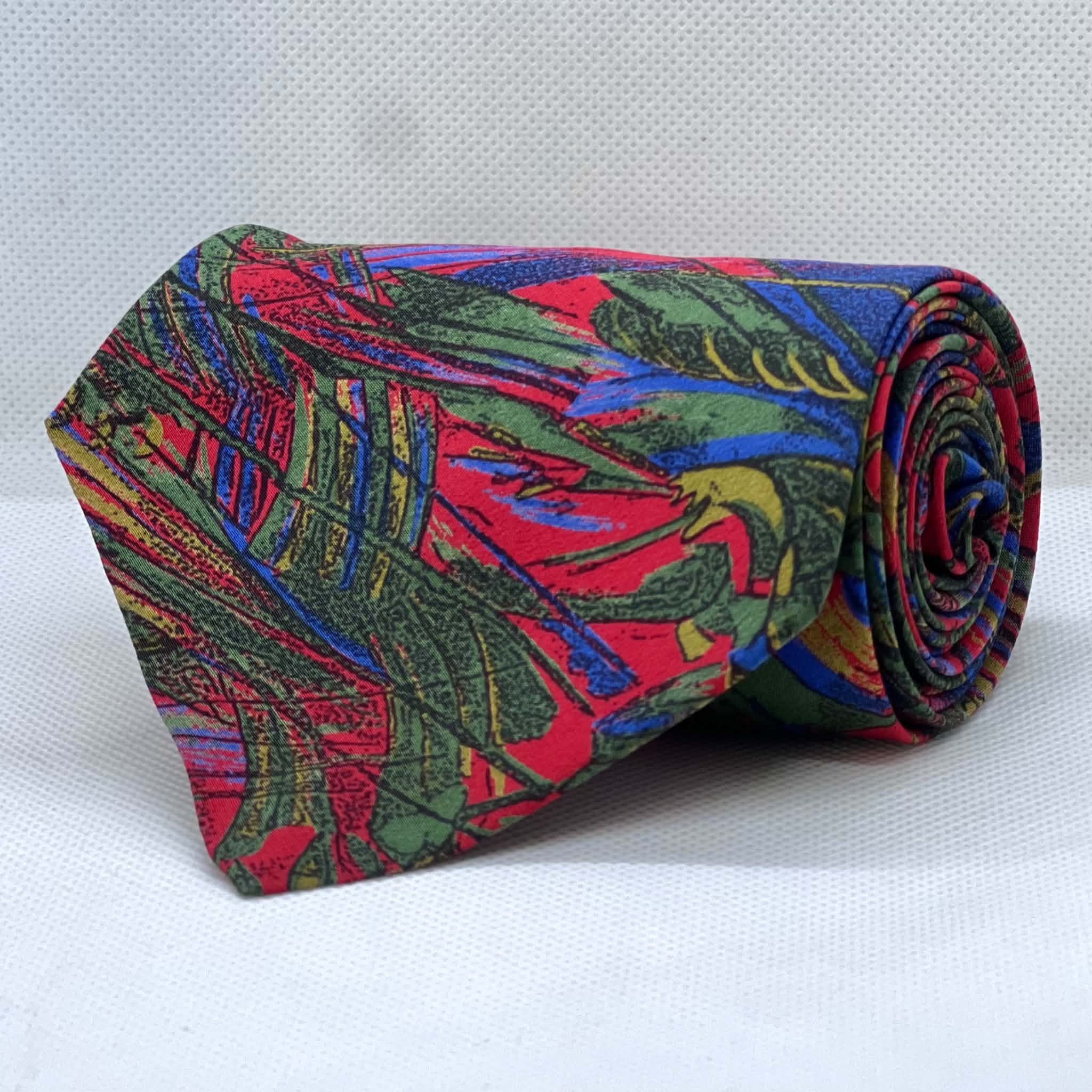 Tropical Crimson Multicolor Botanical Broad Silk Tie