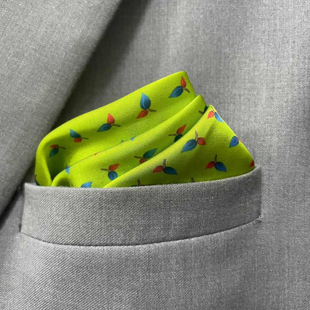 14 by 14 inches Lime Green Mini Leaf Print Border Pocket Square