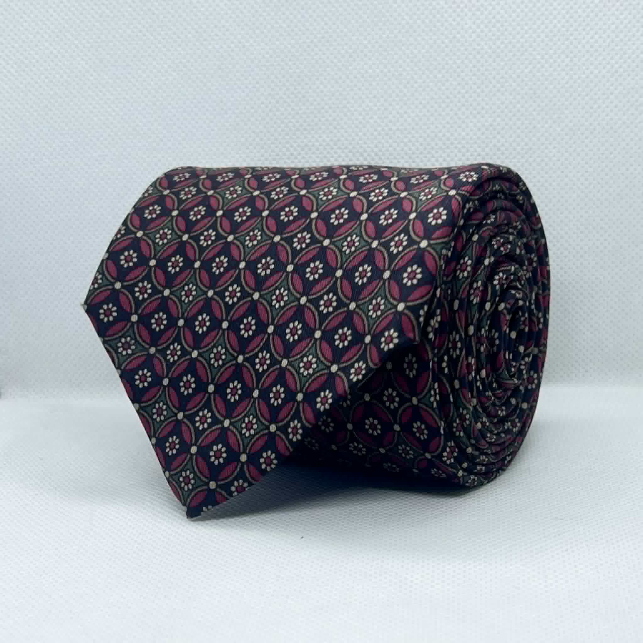 Midnight Burgundy Medallion Floral Pattern Silk Broad Tie