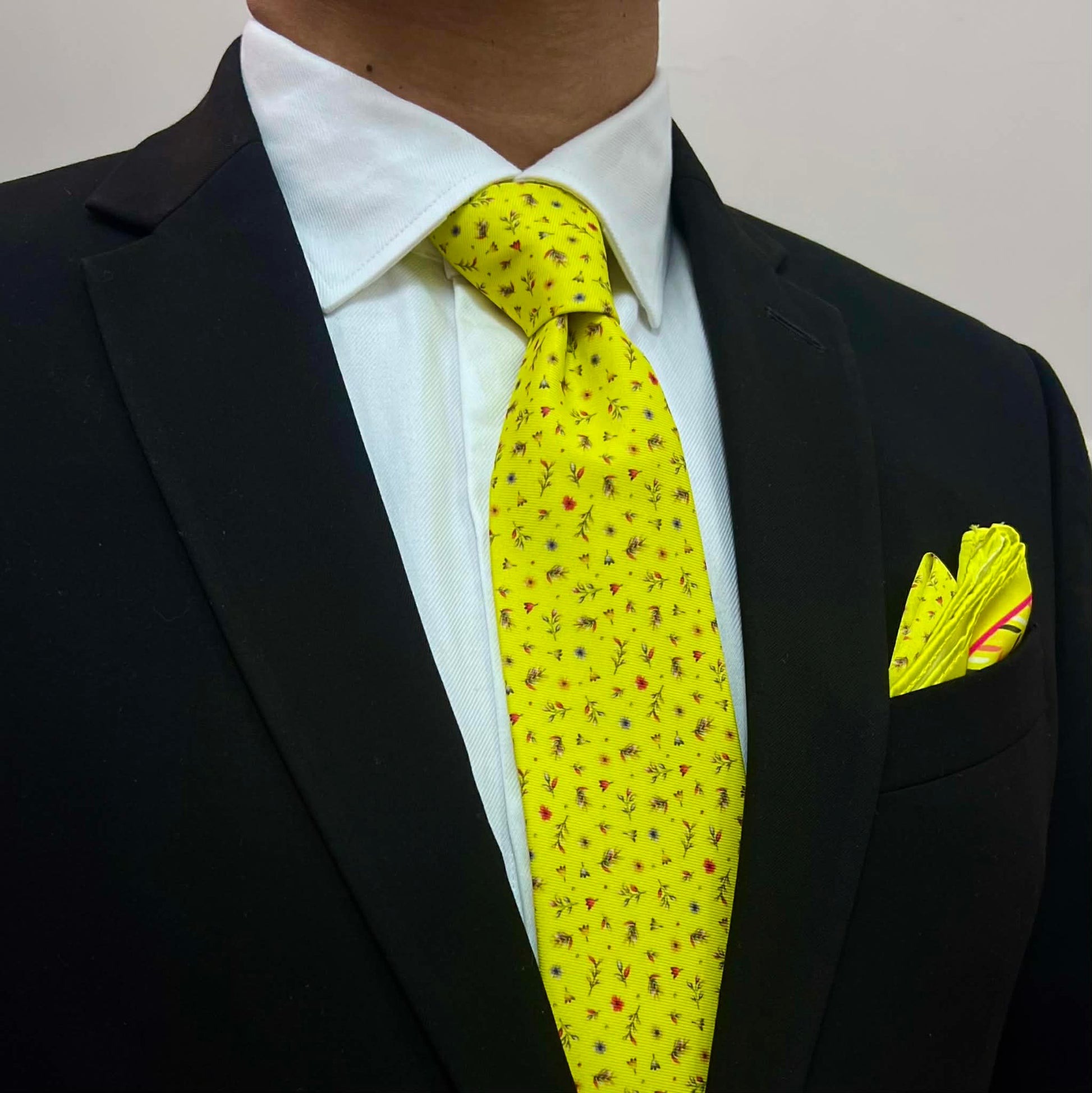 Lemon Yellow Micro-Florals Tie & Pocket Square Set