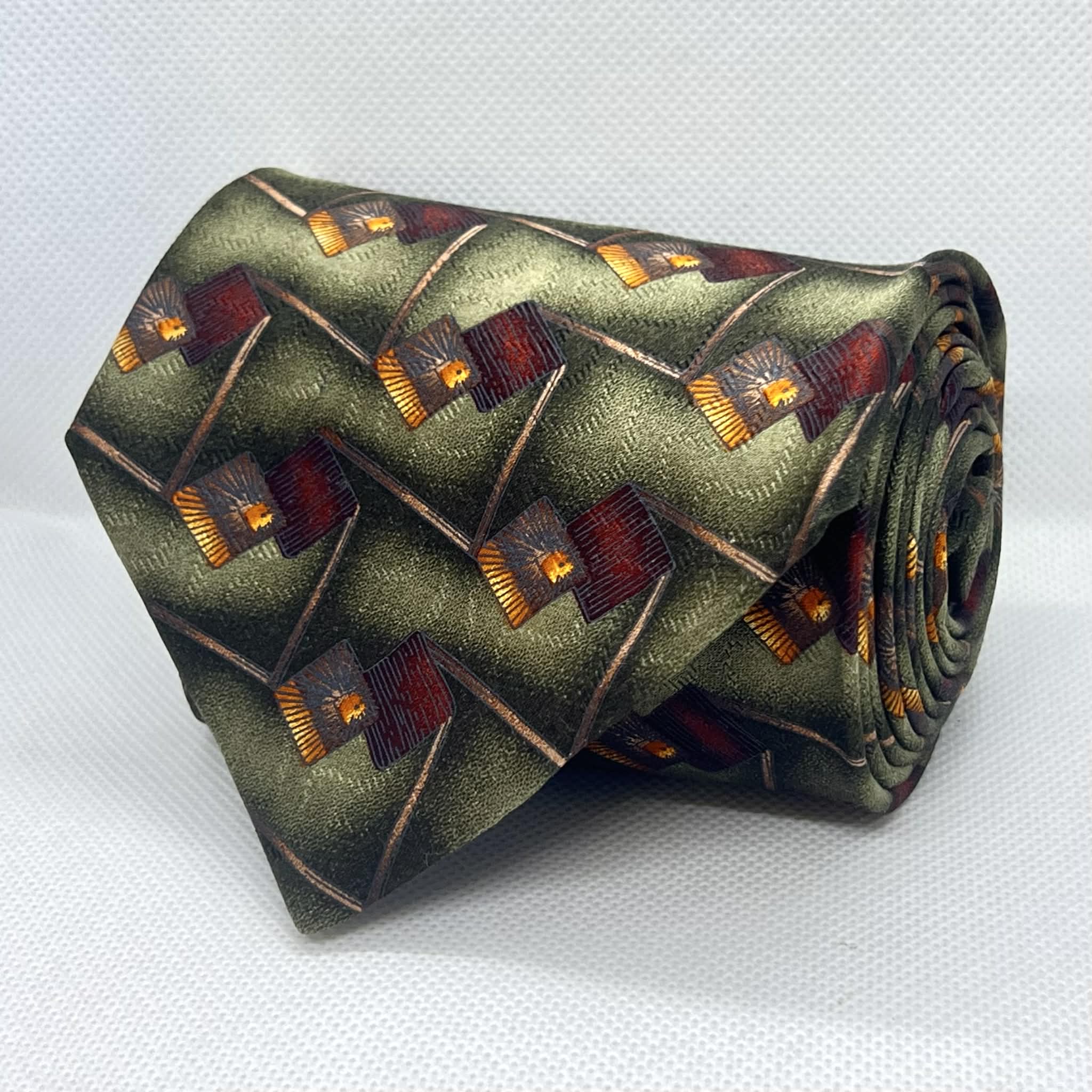 Olive Green Rust & Gold Broad Silk Tie