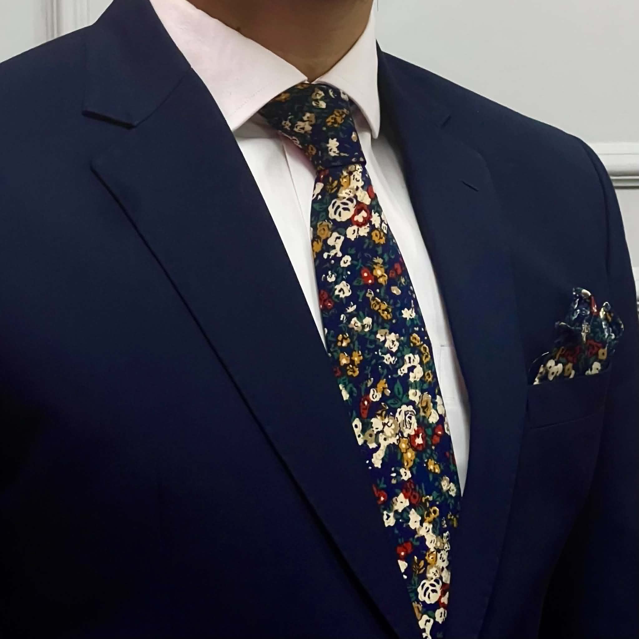 Navy Autumn Bloom Floral Broad Silk Tie and Pocket Square Set