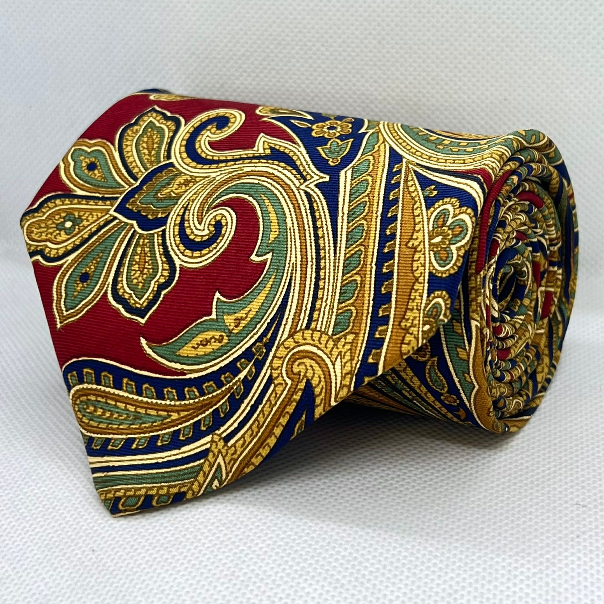 Crimson Red and Royal Blue Ornate Silk Broad Tie