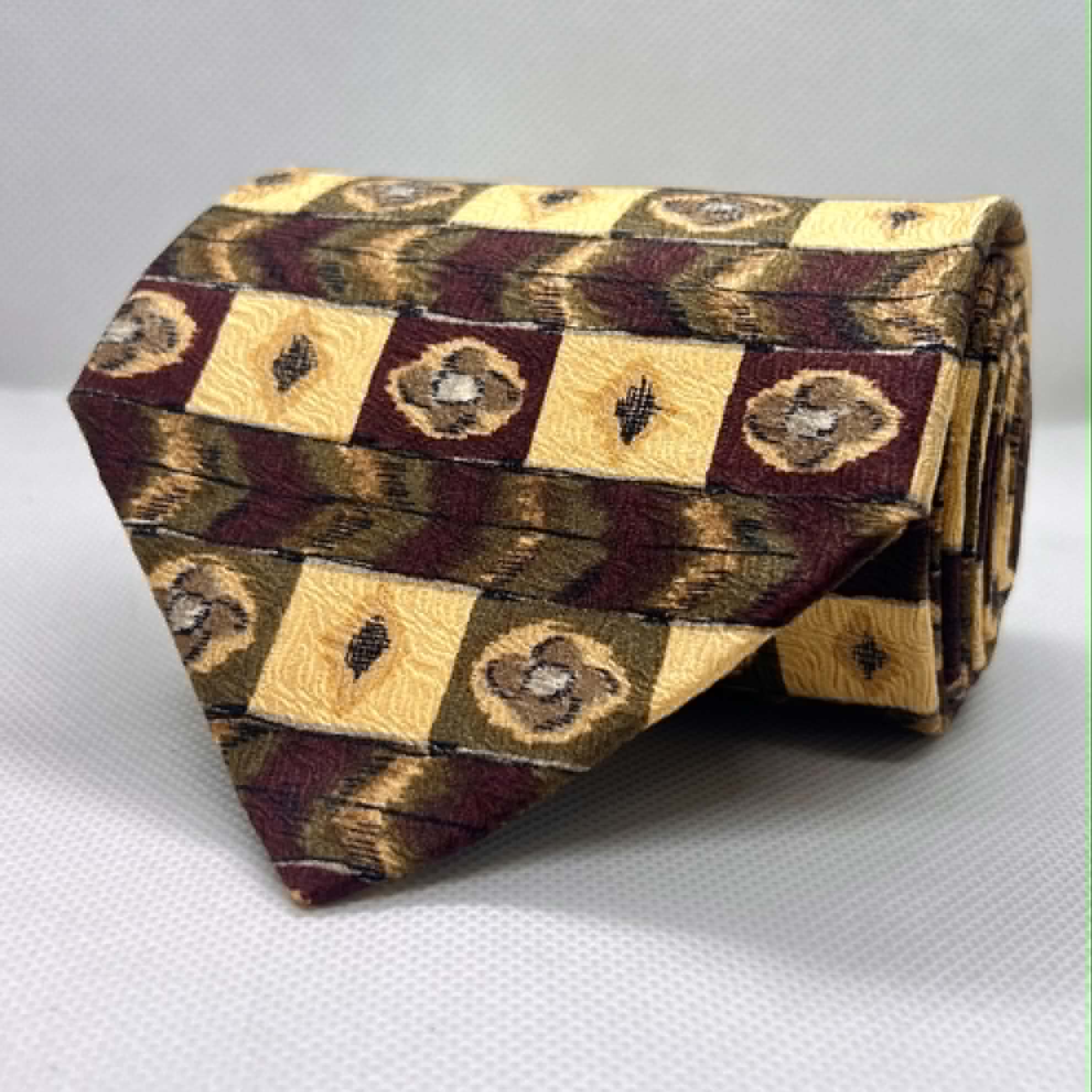 Maroon Base Yellow Motif Broad Silk Tie