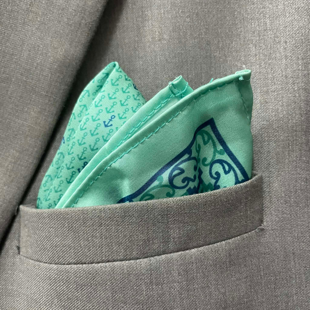 Seafoam Mint Anchor Print Tie & Pocket Square Set