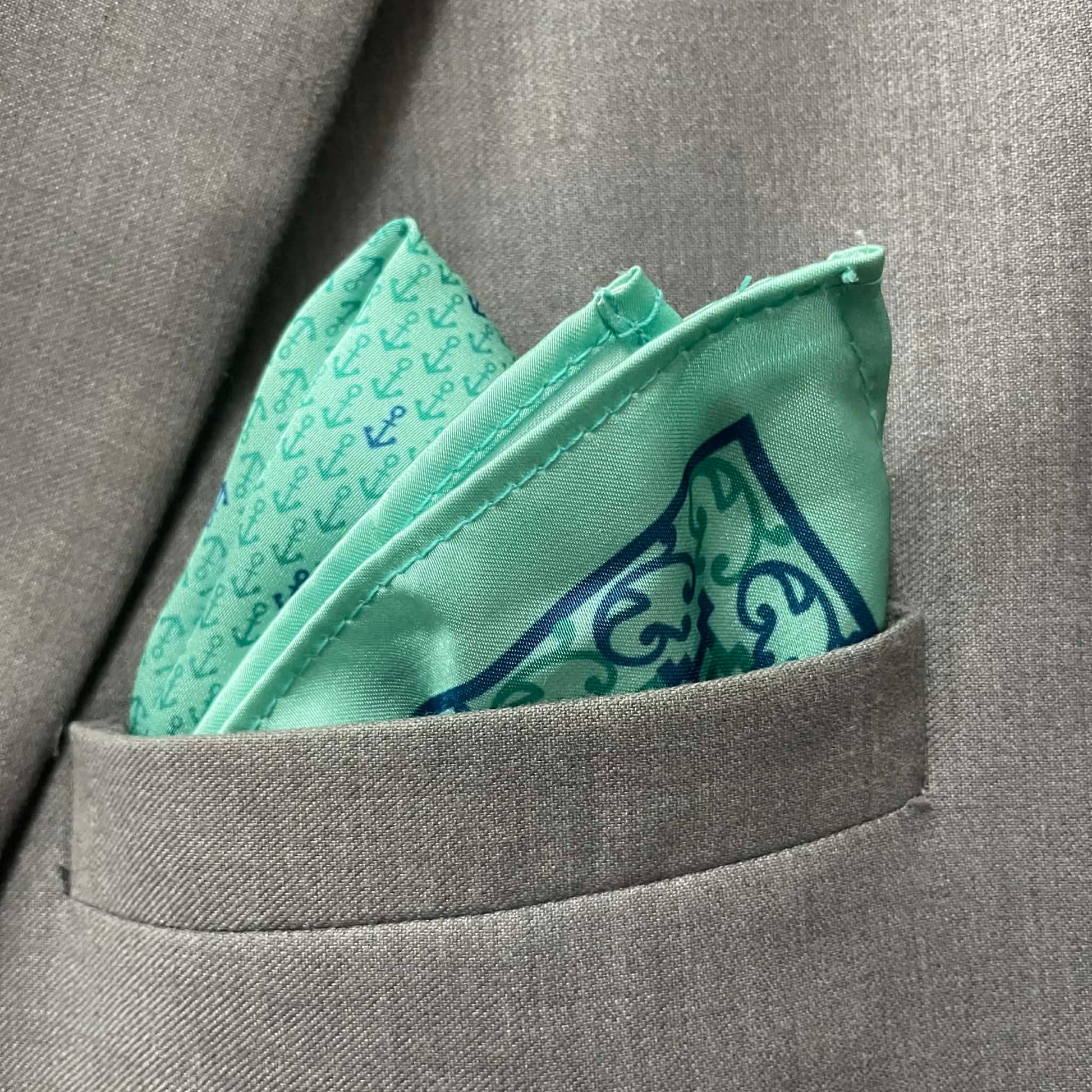 14 by 14 inches Seafoam Mint Anchor Print Pocket Square