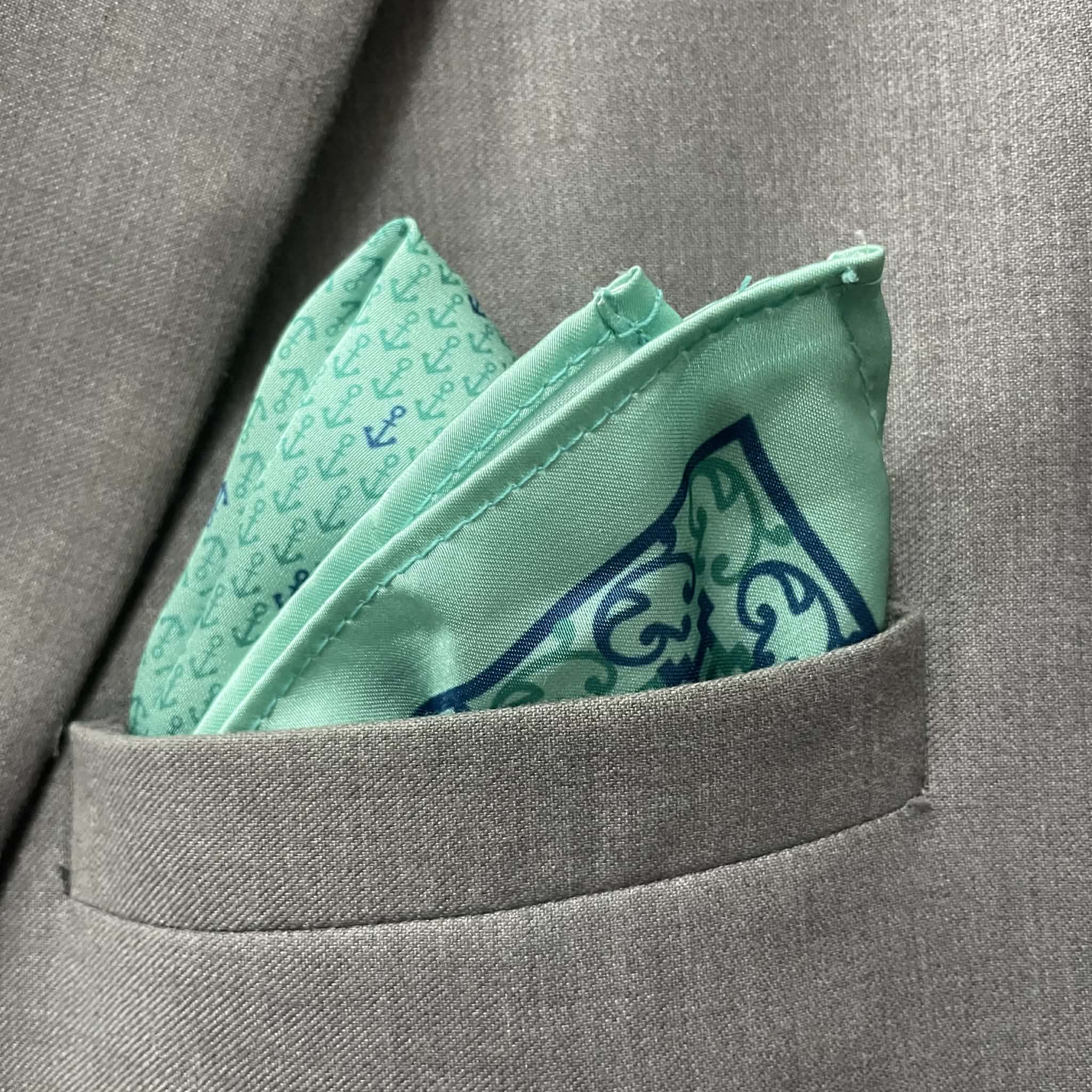 14 by 14 inches Seafoam Mint Anchor Print Pocket Square