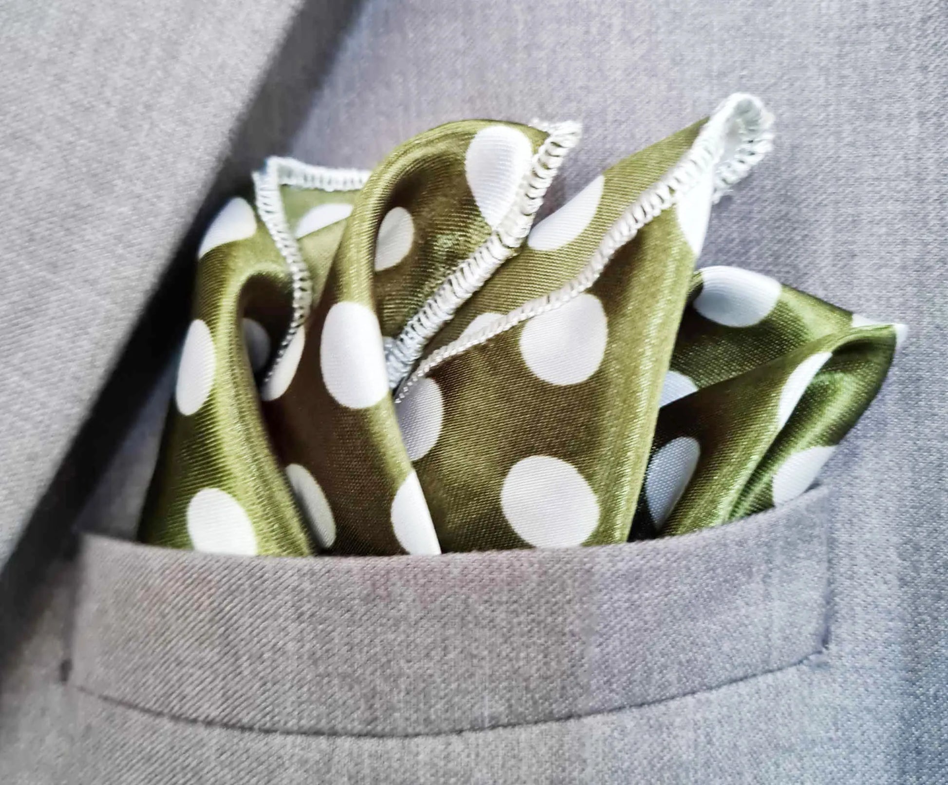 13 by 13 inches Olive Green with White Polka Dots Pocket Square