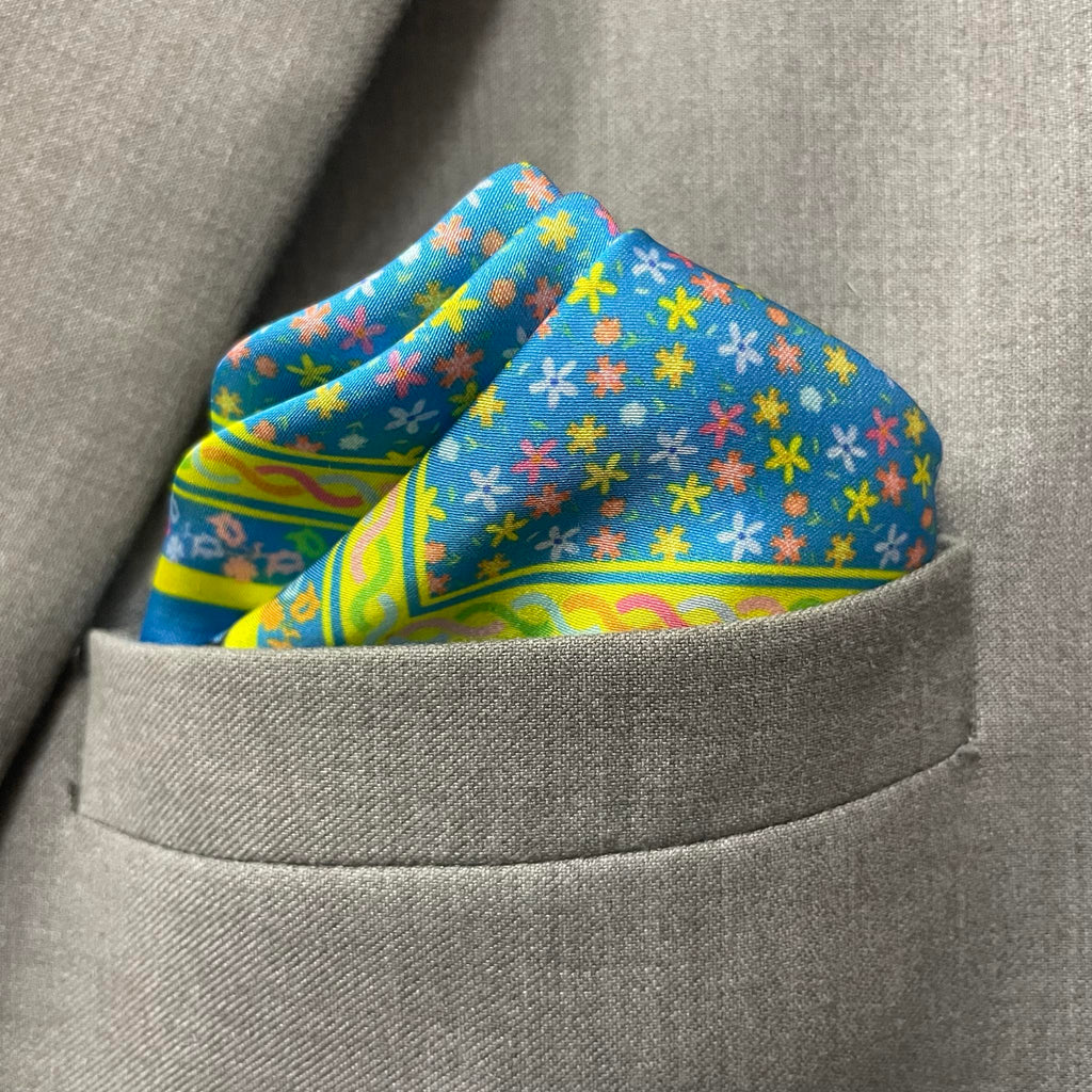 14 by 14 inches Sky Blue Confetti Floral Border Pocket Square