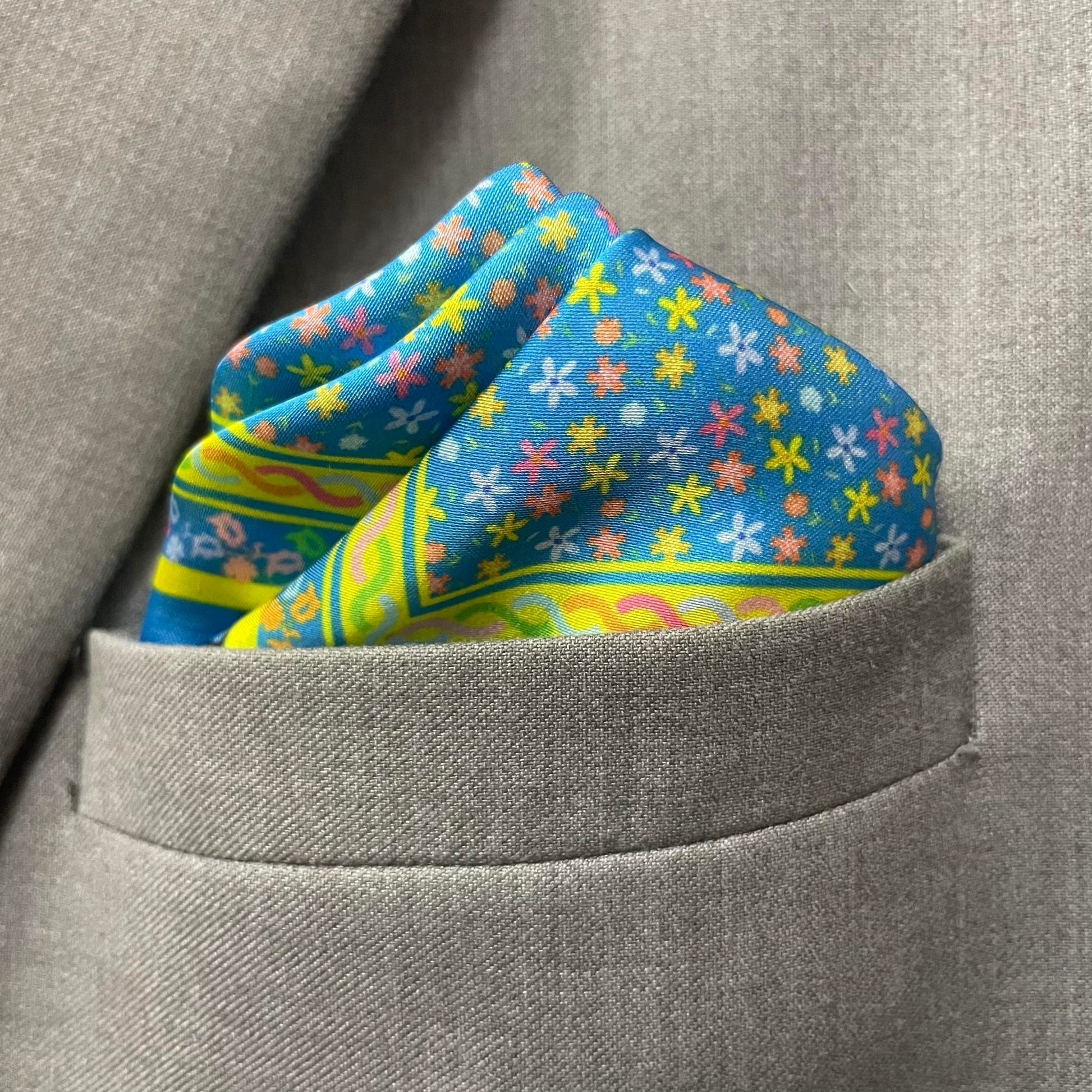 14 by 14 inches Sky Blue Confetti Floral Border Pocket Square