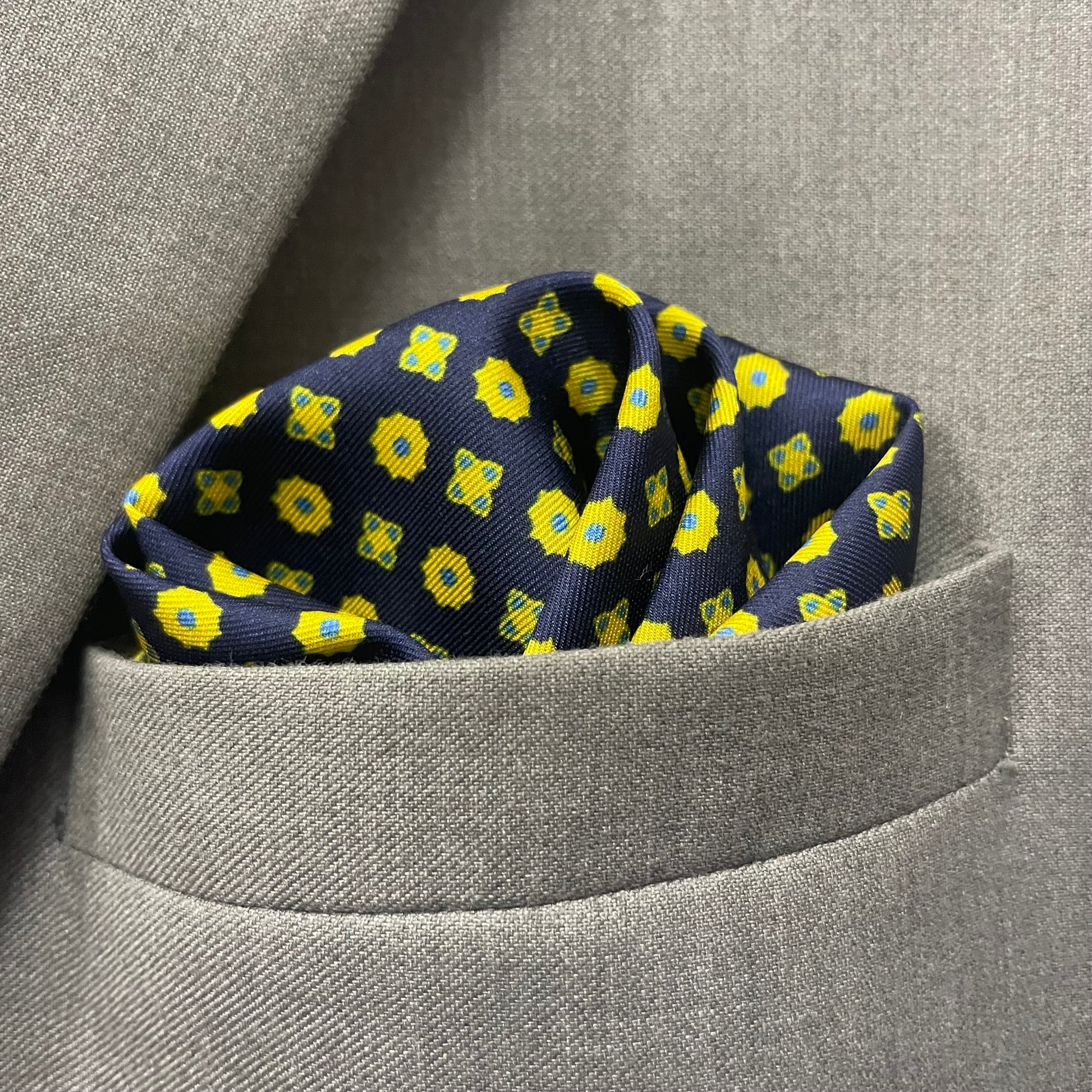 14 by 14 inches Golden Yellow with Navy Micro  Pocket Square