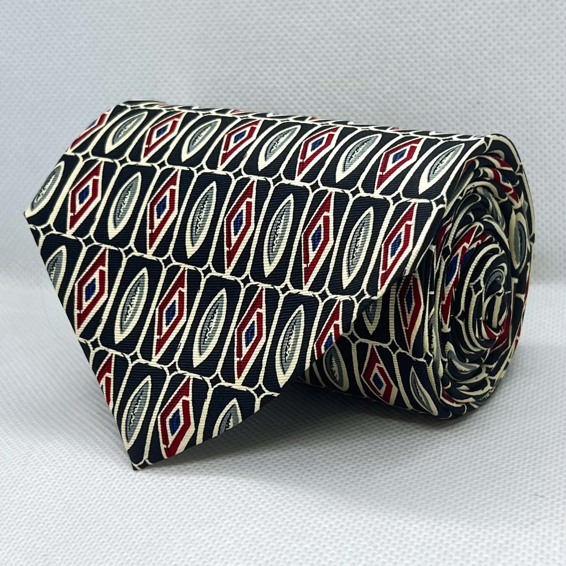 Black Red Geometric Pattern Broad Silk Tie