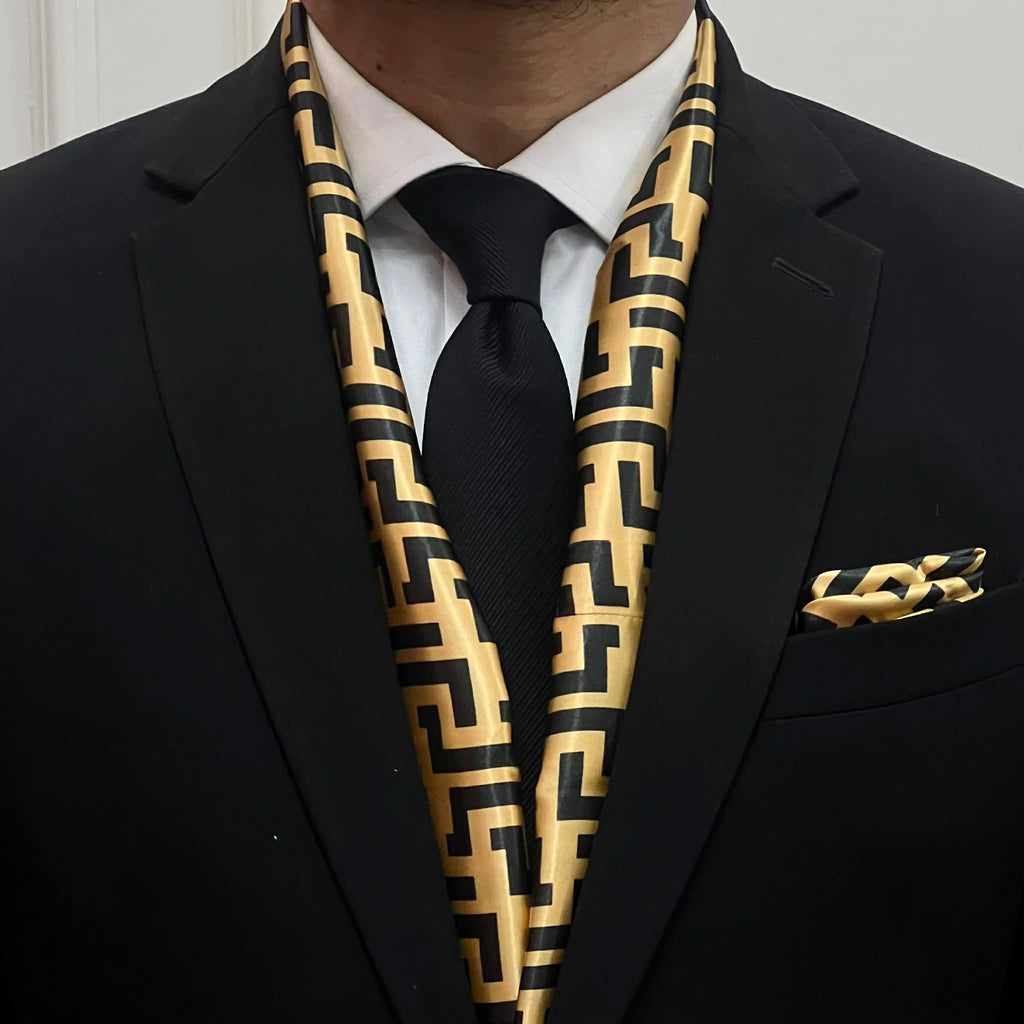Yellow Black Zigzag Scarf and Pocket Square Set
