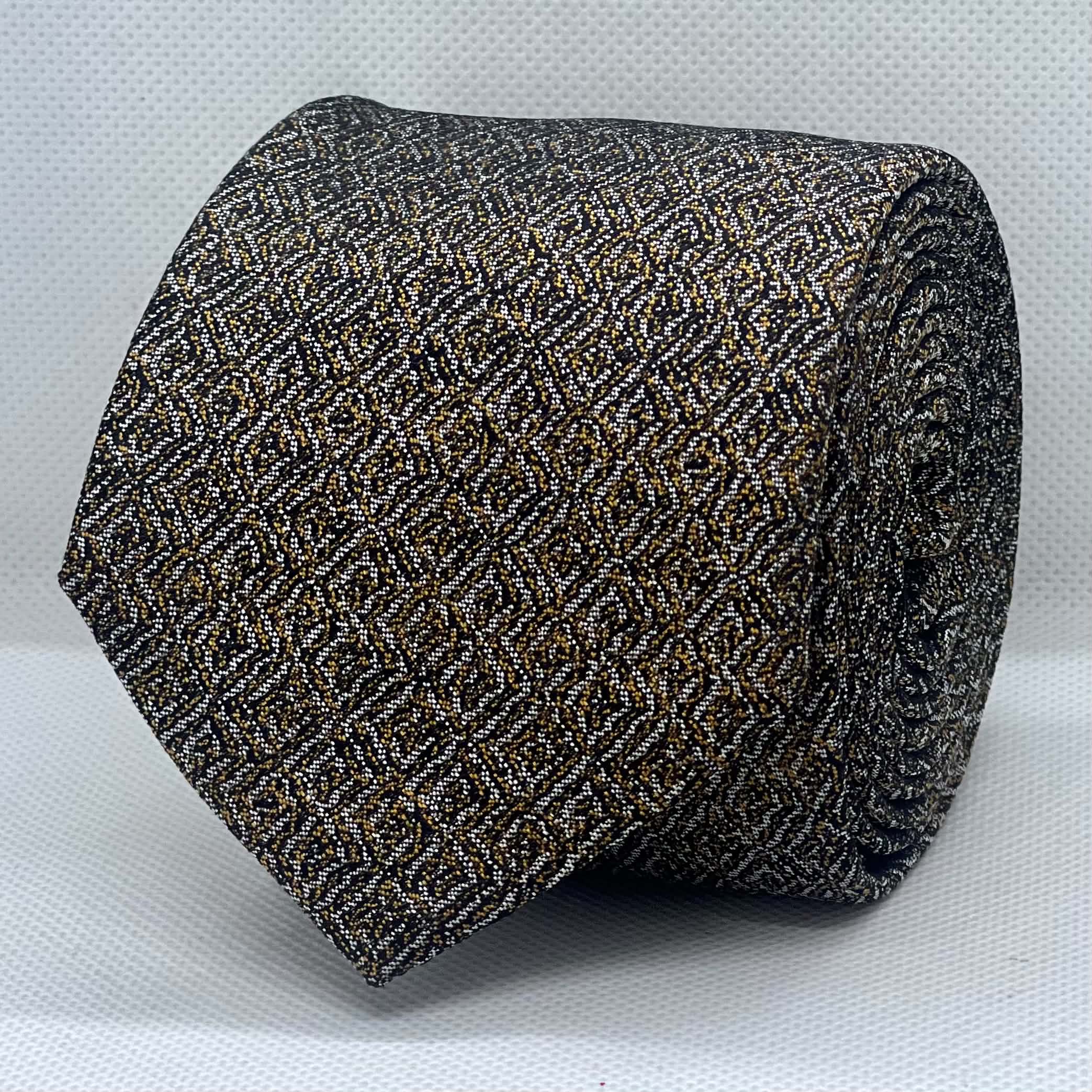 Black & Antique Gold Geometric Pattern Silk Tie