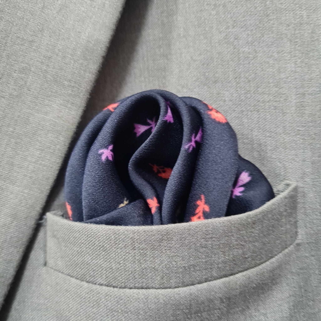 13 by 13 inches Blue Base with Colorful Small Flowers Pocket Square
