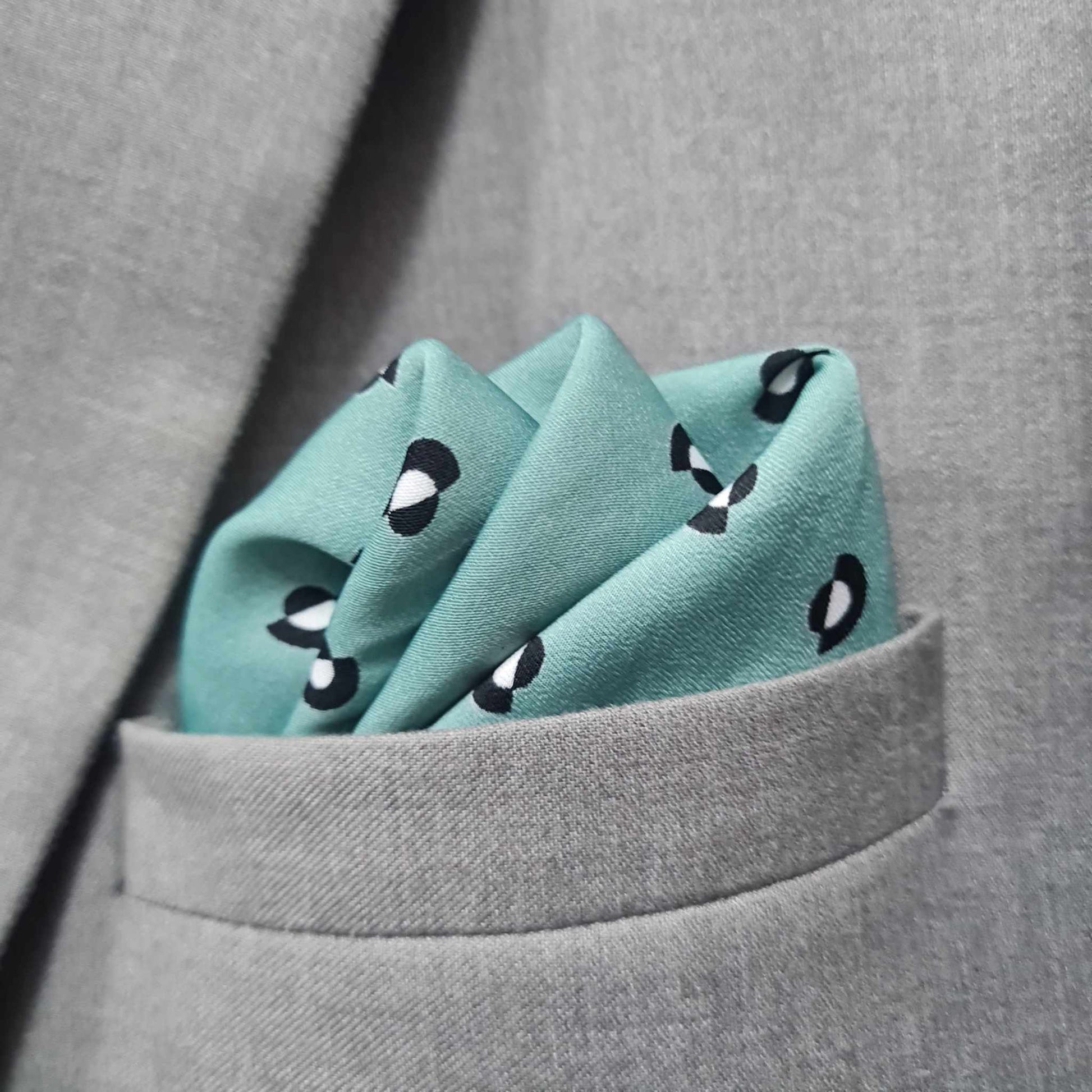 13 by 13 inches Cyan Base with Black and White Spots Pocket Square
