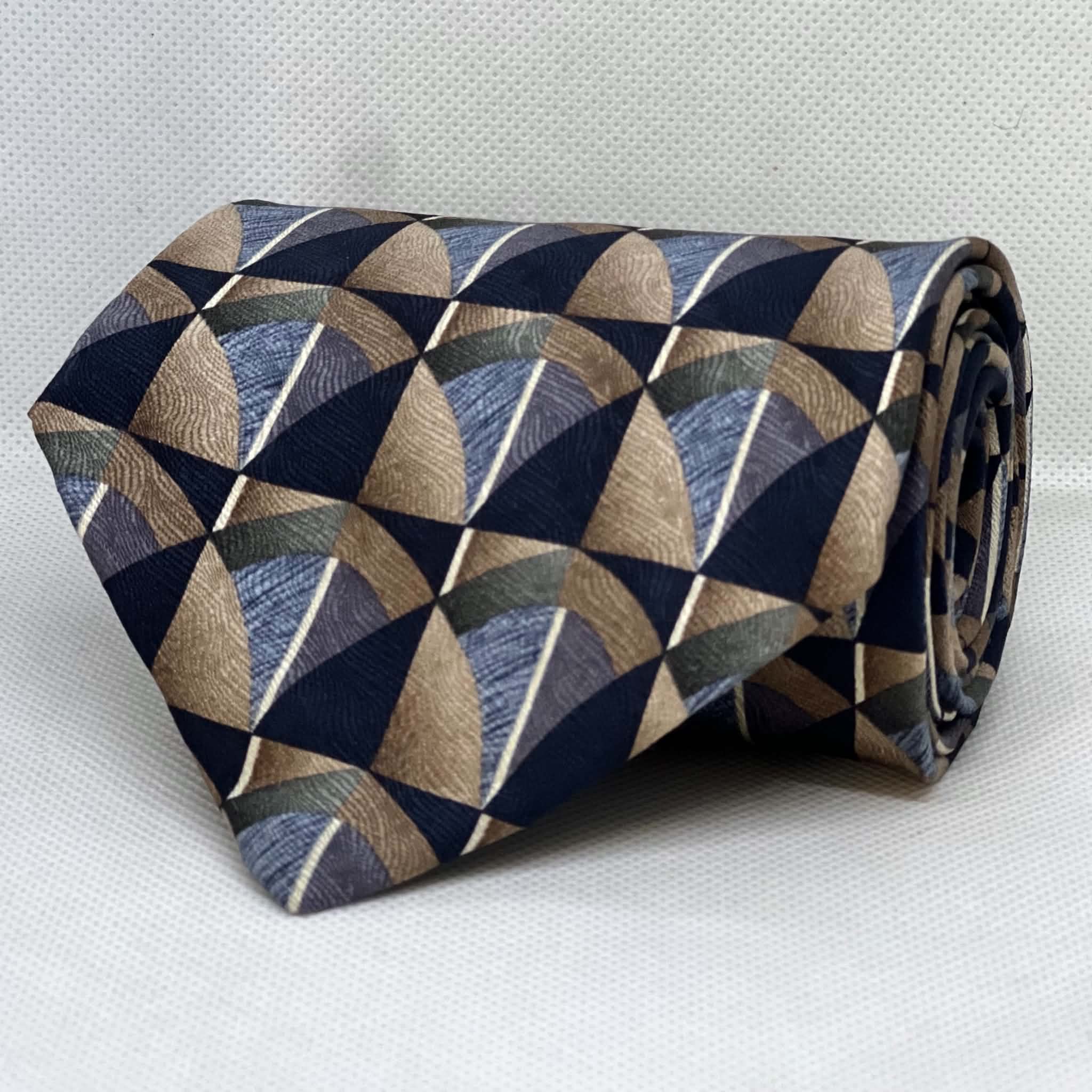 Midnight Navy & Sandstone Geometric Arc Broad Silk Tie