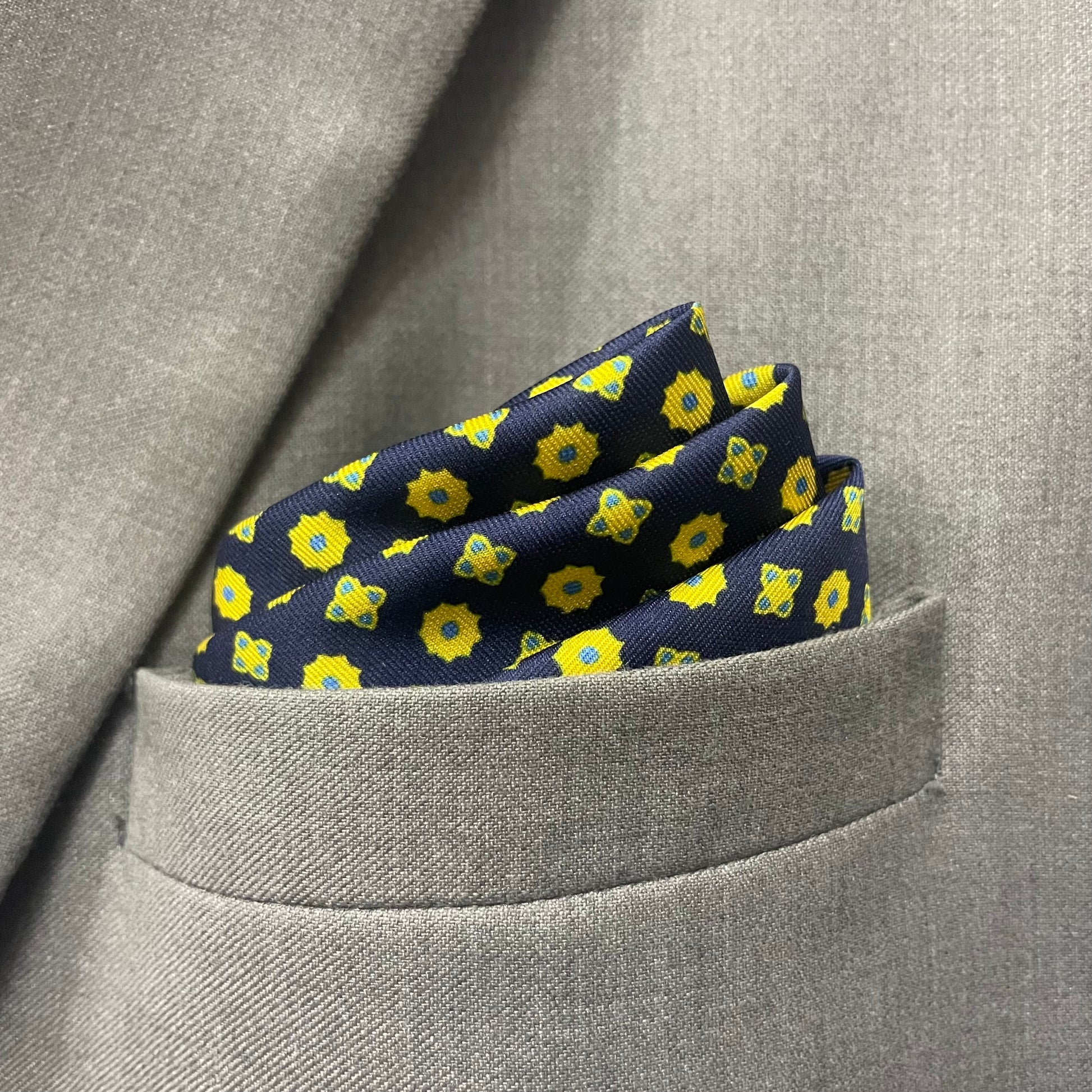 14 by 14 inches Golden Yellow with Navy Micro  Pocket Square