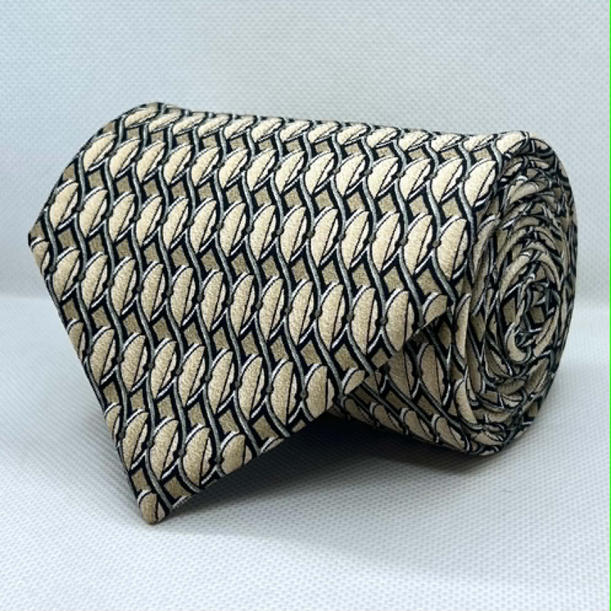 Beige Black Woven Pattern Broad Silk Tie