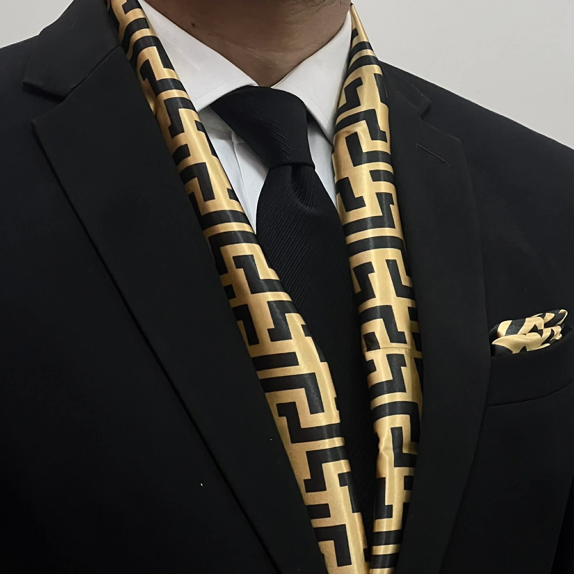 Yellow Black Zigzag Scarf and Pocket Square Set