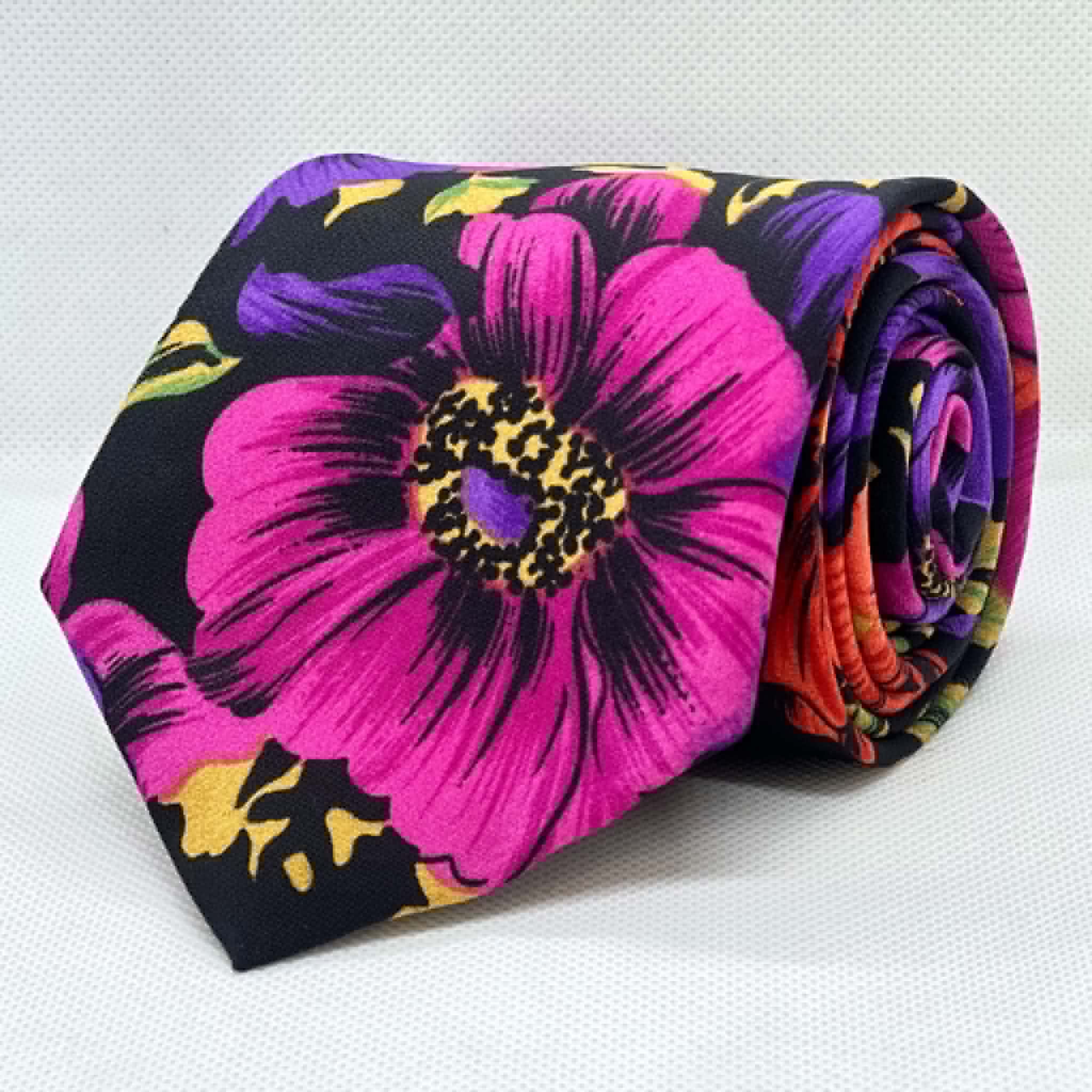 Black & Fuchsia Floral Polyester Tie