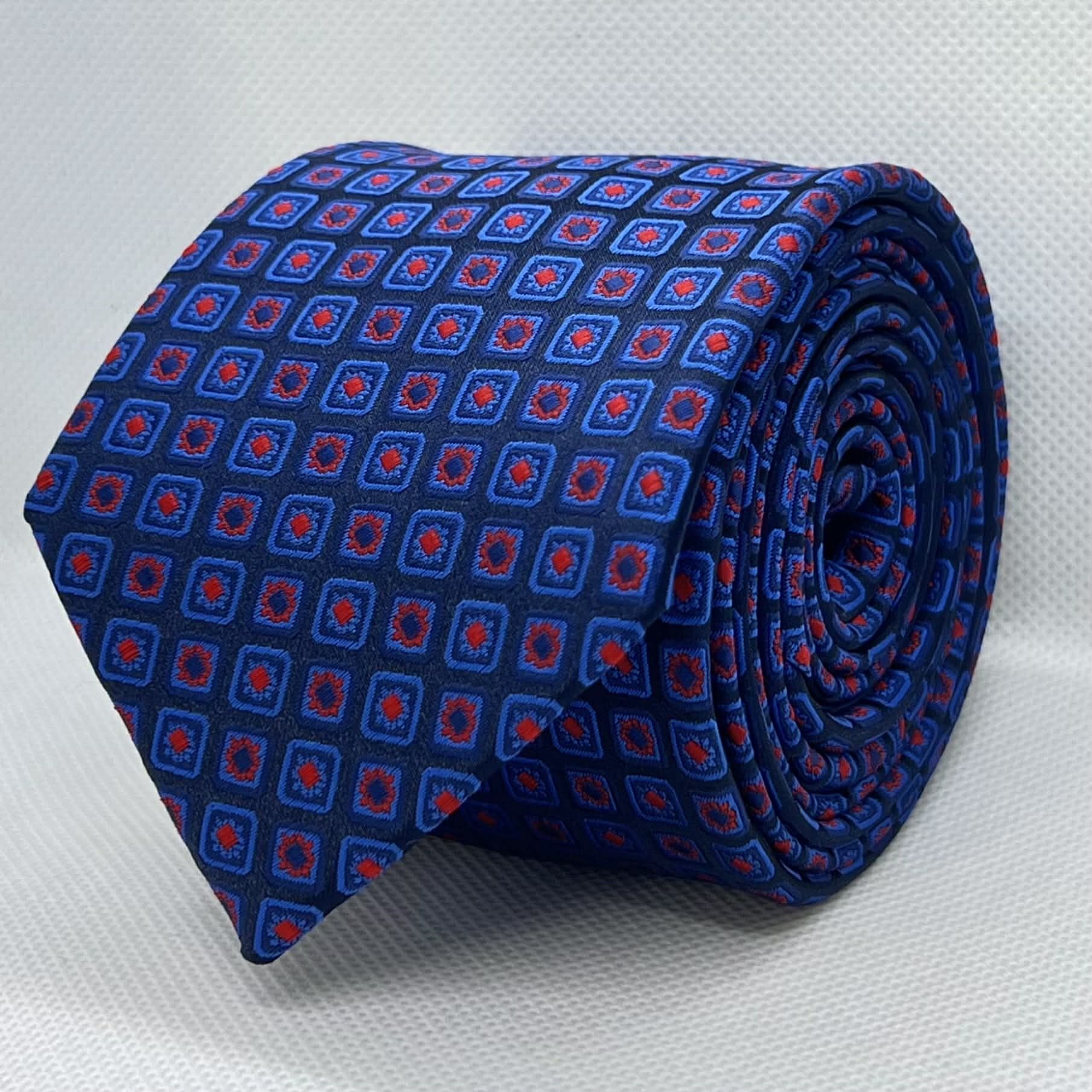 Royal Blue Red Square Medallion Pattern Microfiber Tie
